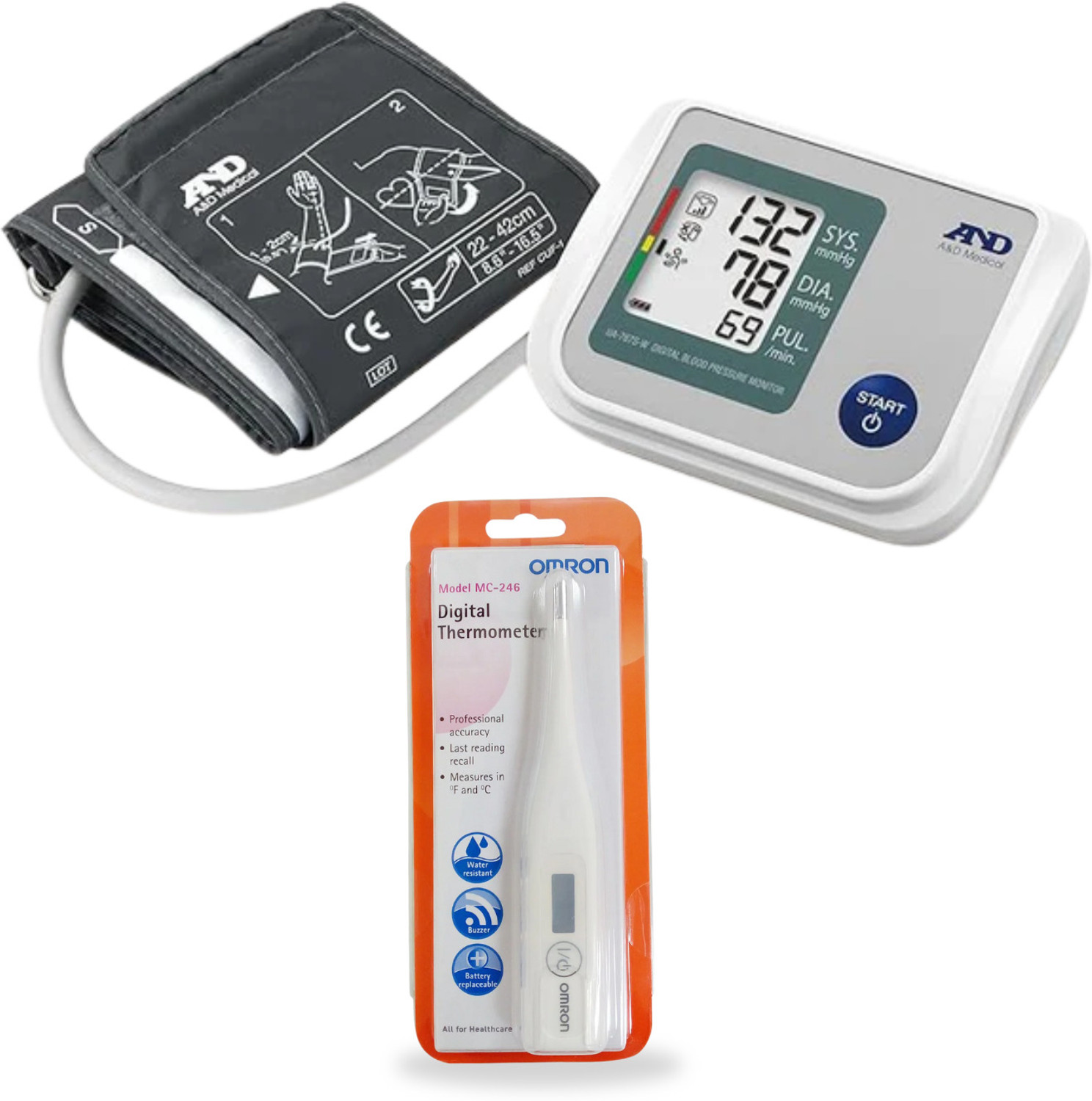 Image of AND UA-767S-W Upper Arm Blood Pressure Monitor + Omron MC -246 Digital Thermometer for Home Health Monitoring Bp Monitor