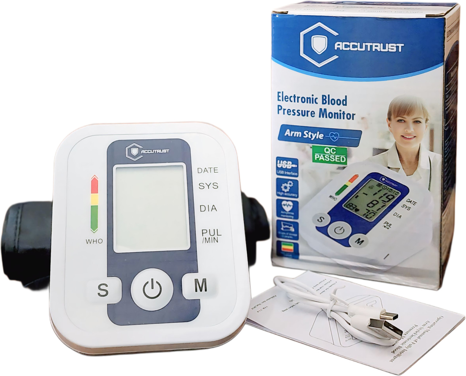 Image of Accutrust Electronic Blood Pressure Monitor Machine | Automatic Upper Arm BP Checker with LCD Display, Heartbeat & Hypertension Indicator Bp Monitor (Blue)