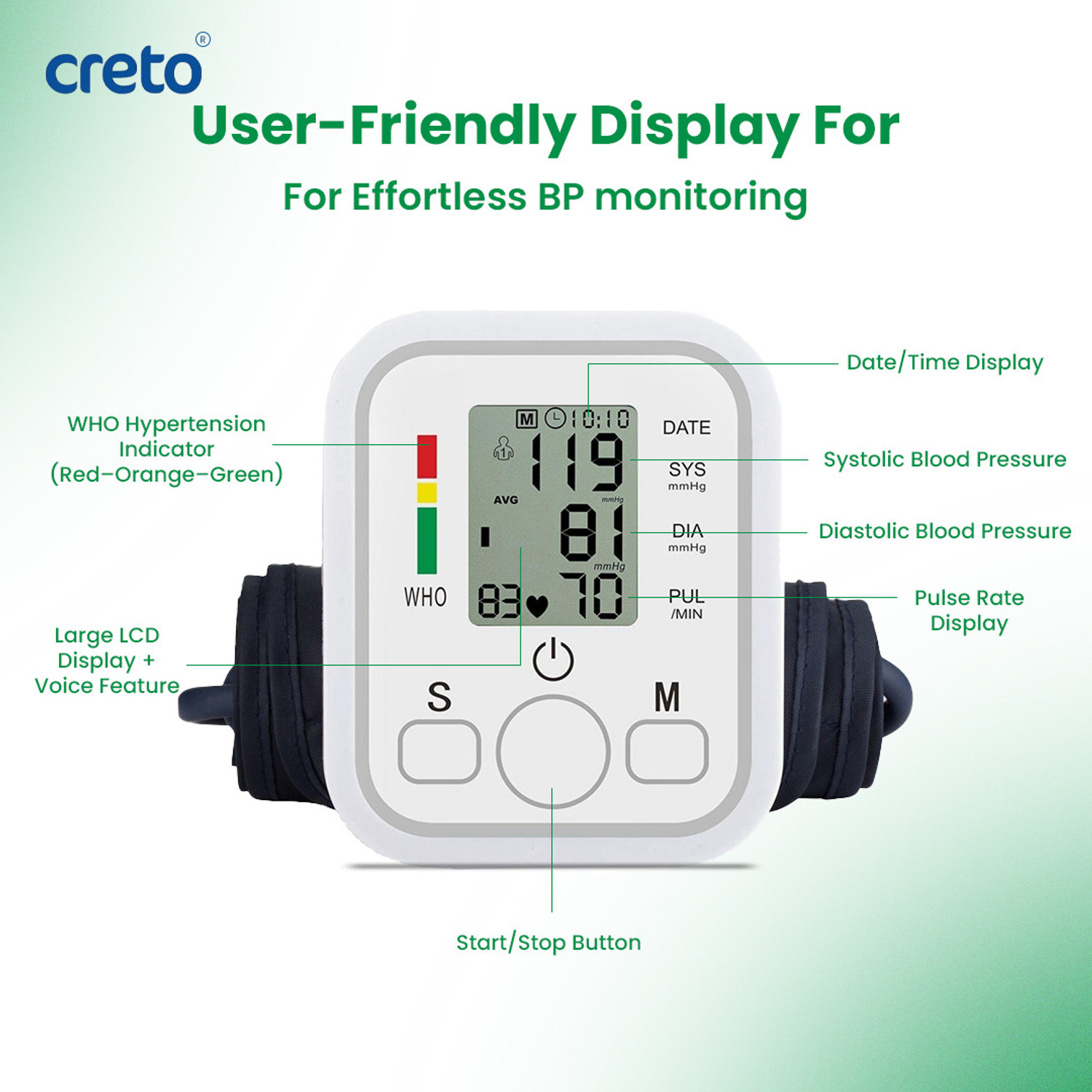 Image of CRETO Blood Pressure Monitor, Upper Arm Cuff, LCD Display WHO Indicator Bp Monitor