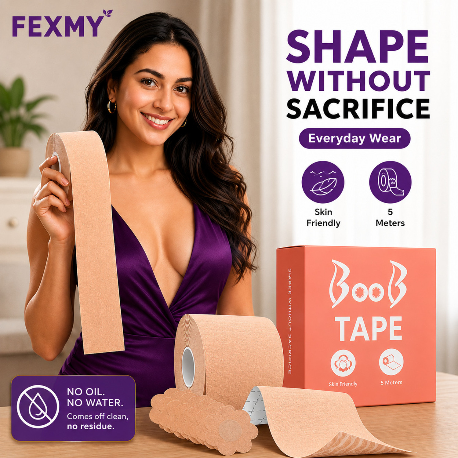 FEXMY 5M Breast Lift Boob Tape, Body Tape for Women Cotton+10 Nipple Cover Cotton Push Up Bra Petals