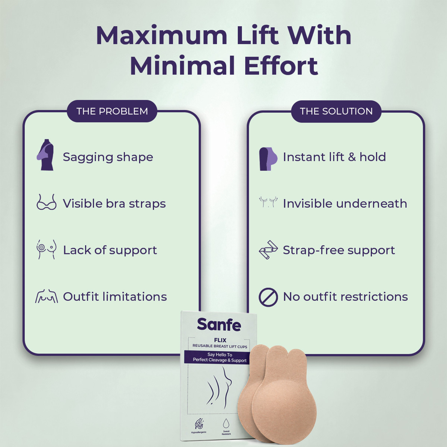 Image of Sanfe Flix Reusable Boob Lift Cups For Breast Push Up, Braless Padded A-C cup size Cotton Cup Bra Pads (Beige Pack of 2)