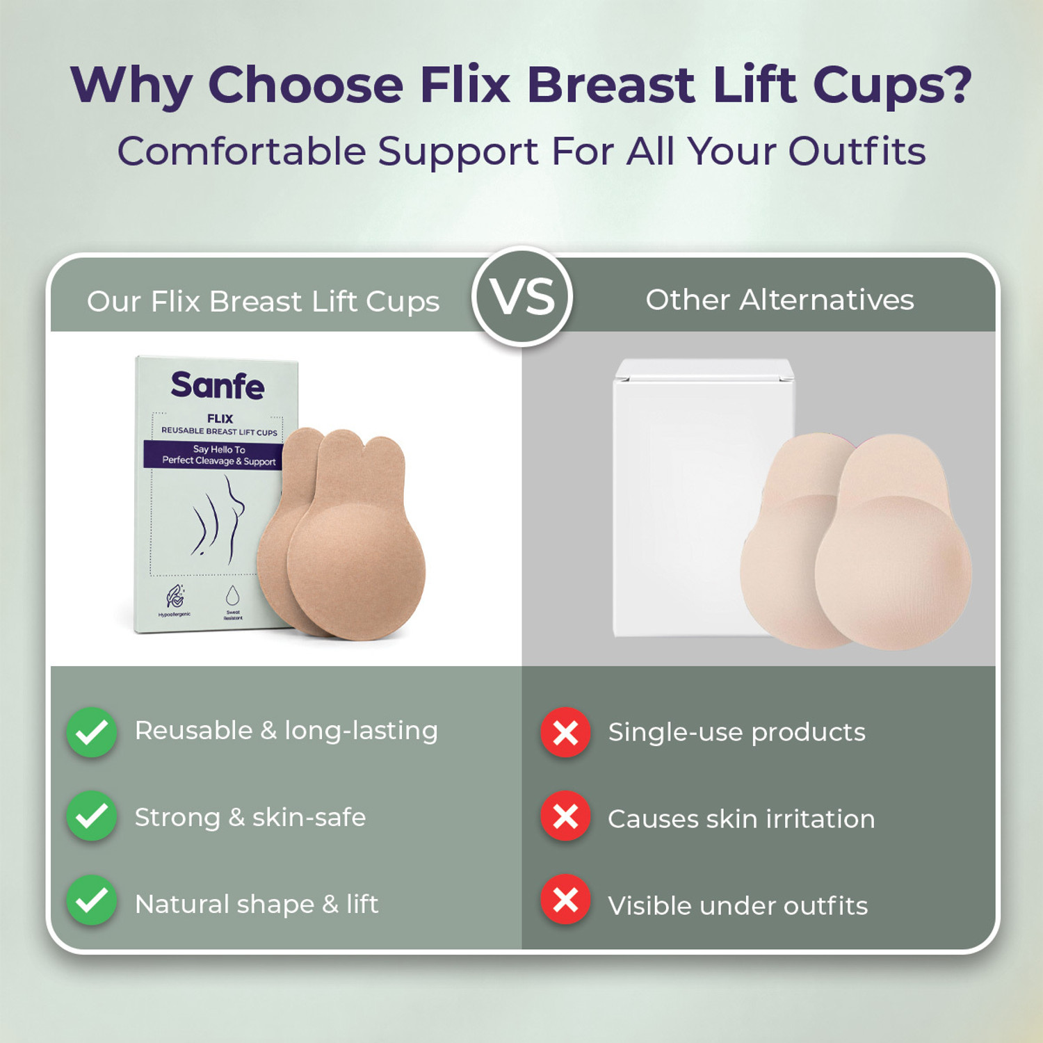 Image of Sanfe Flix Reusable Boob Lift Cups For Breast Push Up, Braless Padded A-C cup size Cotton Cup Bra Pads (Beige Pack of 2)