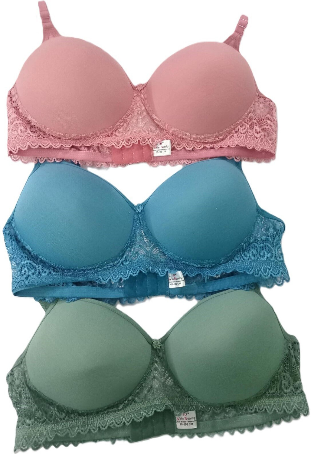 Image of FK FASHION Women's Cotton Padded Laces Full Coverage Bra with Adjustable Straps Pack of 3 Women T-Shirt Lightly Padded Bra