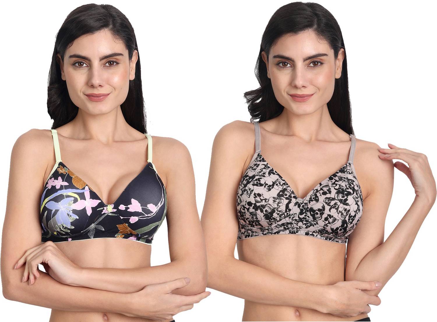 Aimly Aimly Women's Lycra Padded Non-Wired Transparent Removable Straps Printed Bra Women T-Shirt Lightly Padded Bra