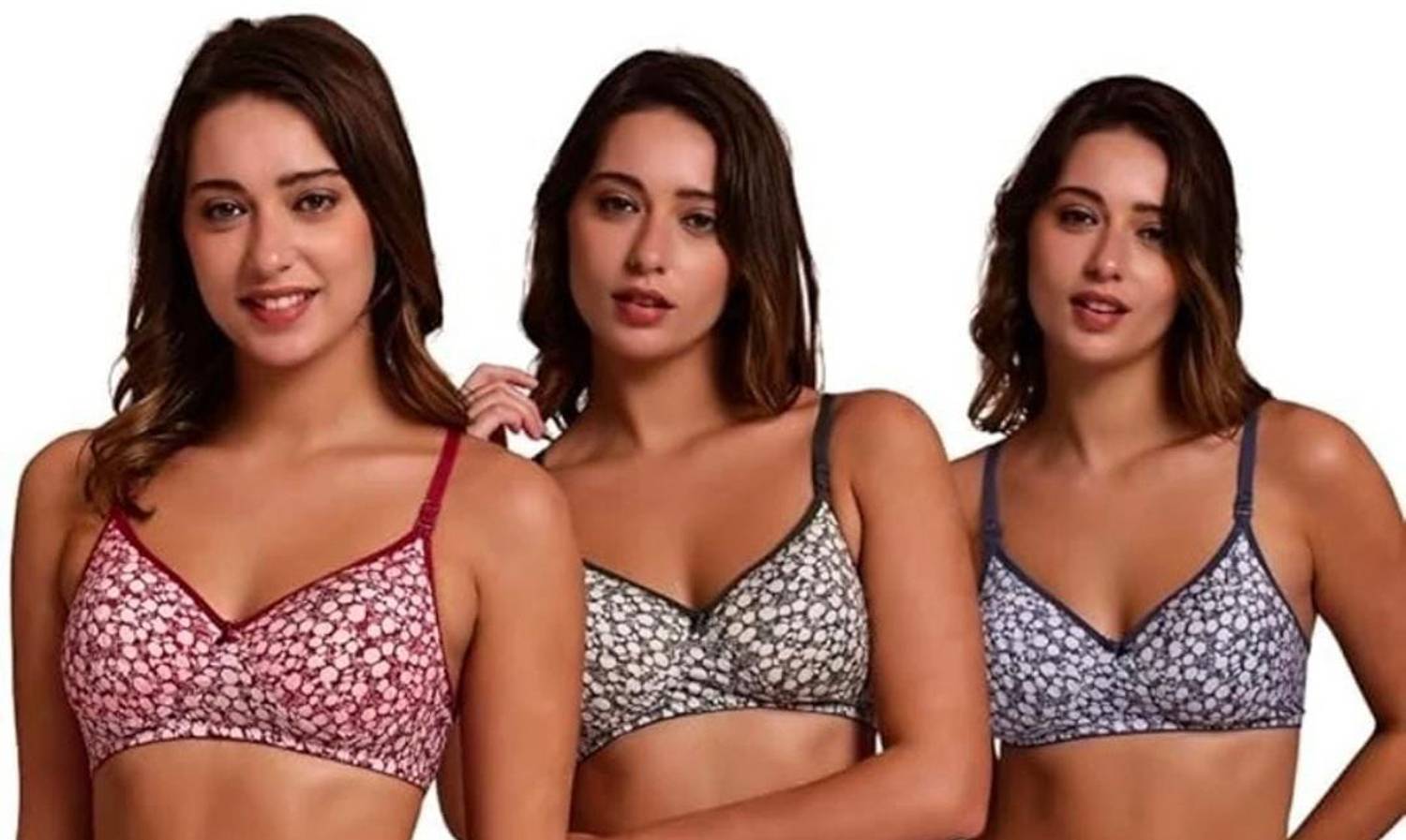 BOOMSHY Women Non Paded Flower Print Bra Combo Pack of 3 (Multicolor) Women Full Coverage Non Padded Bra