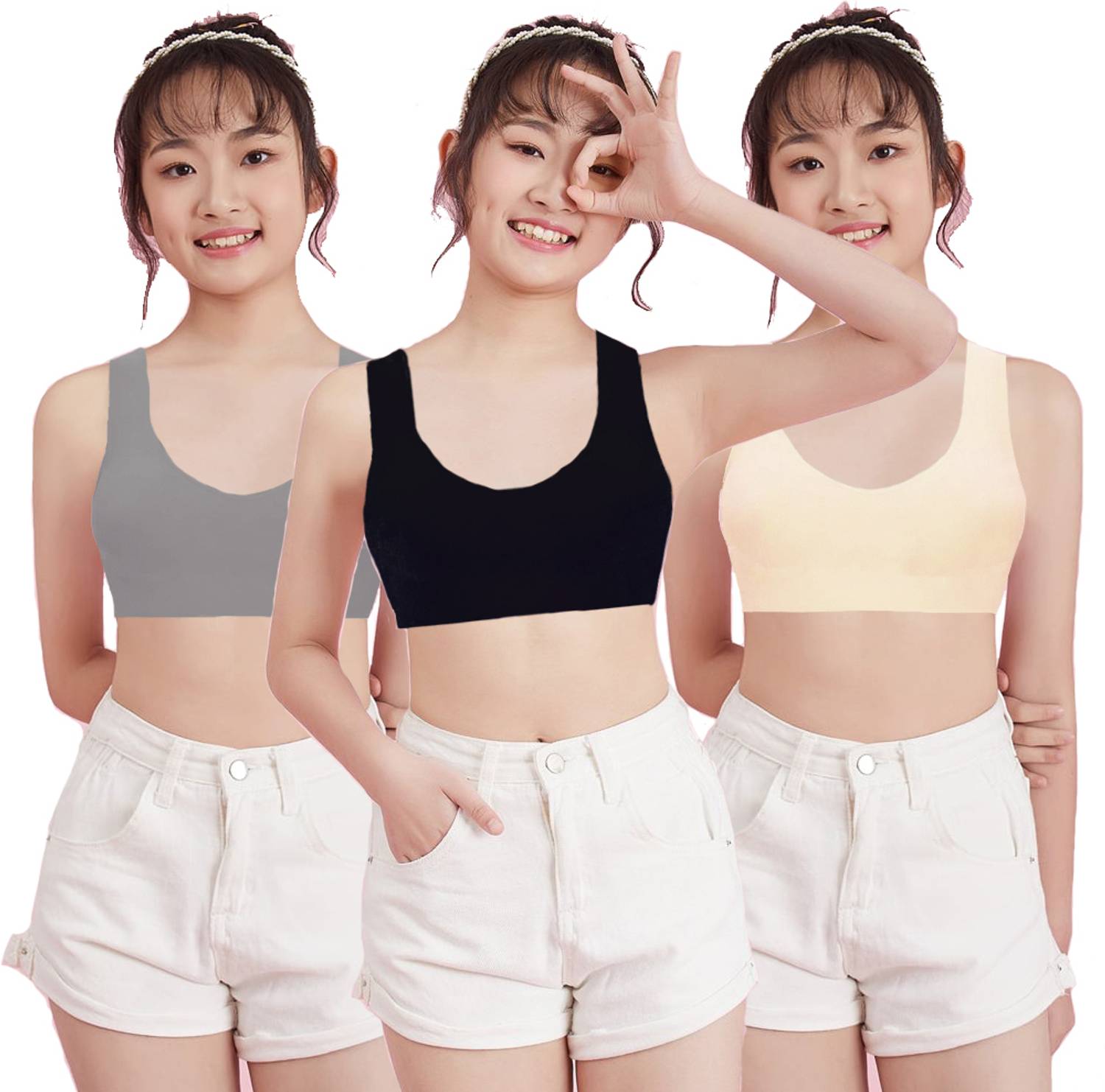 BRAABAA Pack of 3 Girls non padded beginner cotton sports bra Girls Sports Non Padded Bra