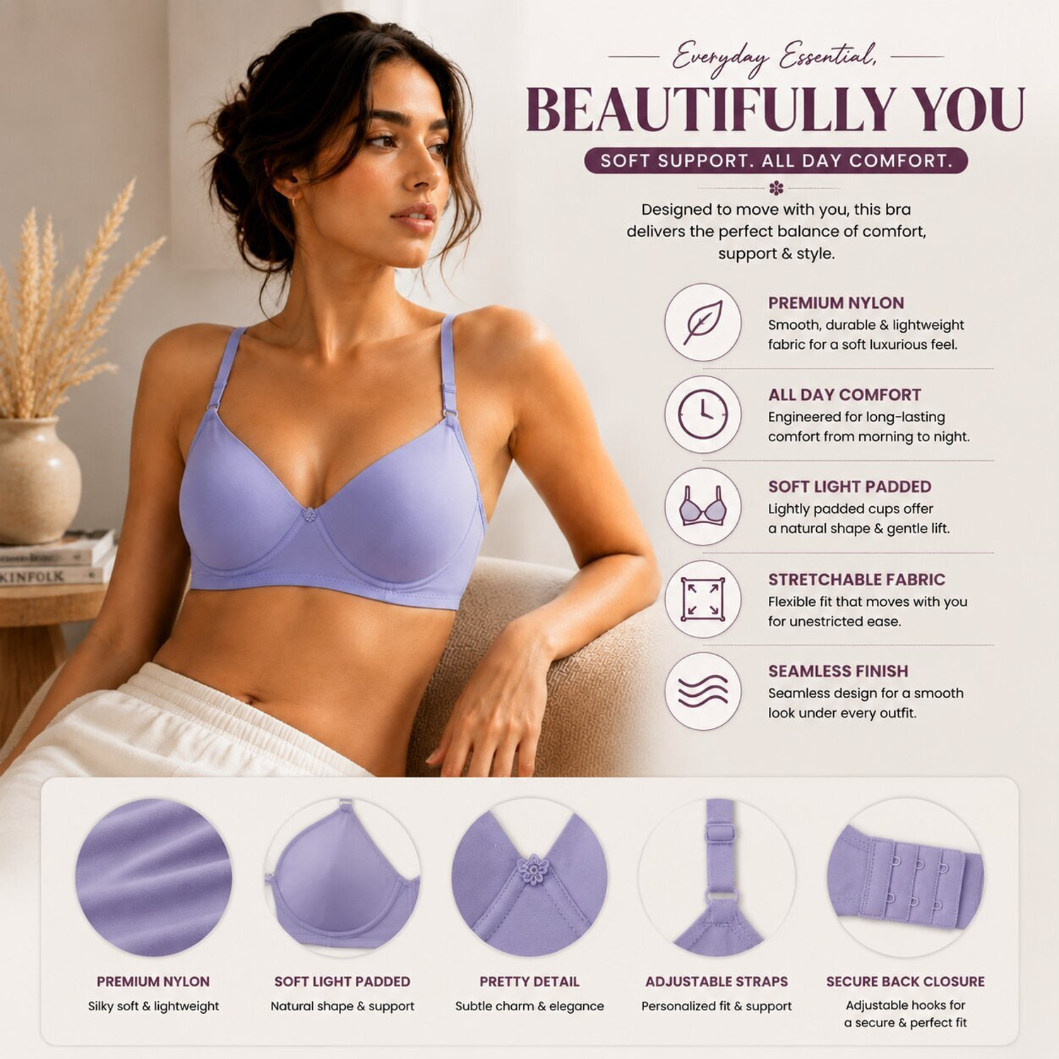Image of Dressberry Everyday Nylon Seamless Molded T-Shirt Bra Women T-Shirt Lightly Padded Bra