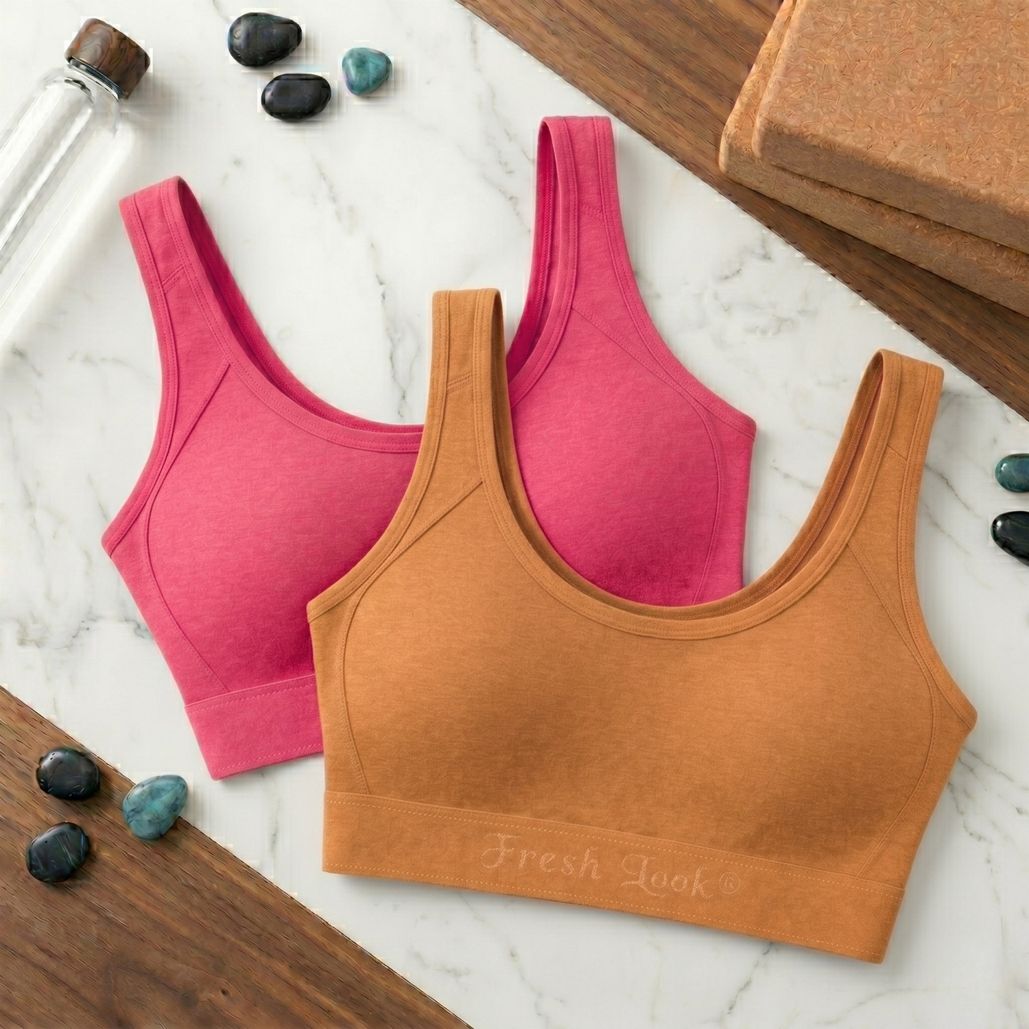 Image of Freshlook Pack of 2 Women Sports Non Padded Bra (Orange, Yellow)