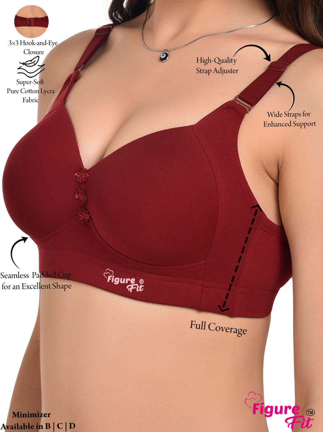 Image of FigureFit Women Minimizer Heavily Padded Bra (Maroon)