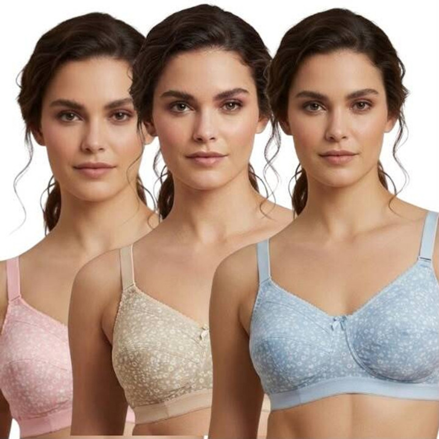 Image of Funahme Funahme Pack of 3 Women Full Coverage Non Padded Bra (Light Blue, Beige, Pink) Women Full Coverage Non Padded Bra