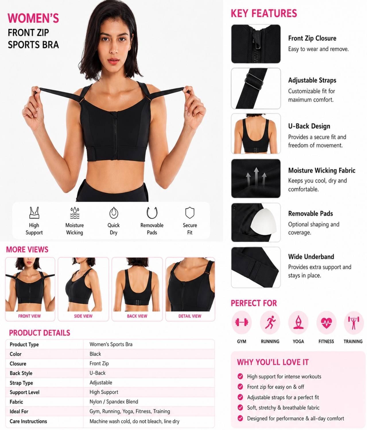 gvv Women's Front Zip High Support Sports Bra - Image 4