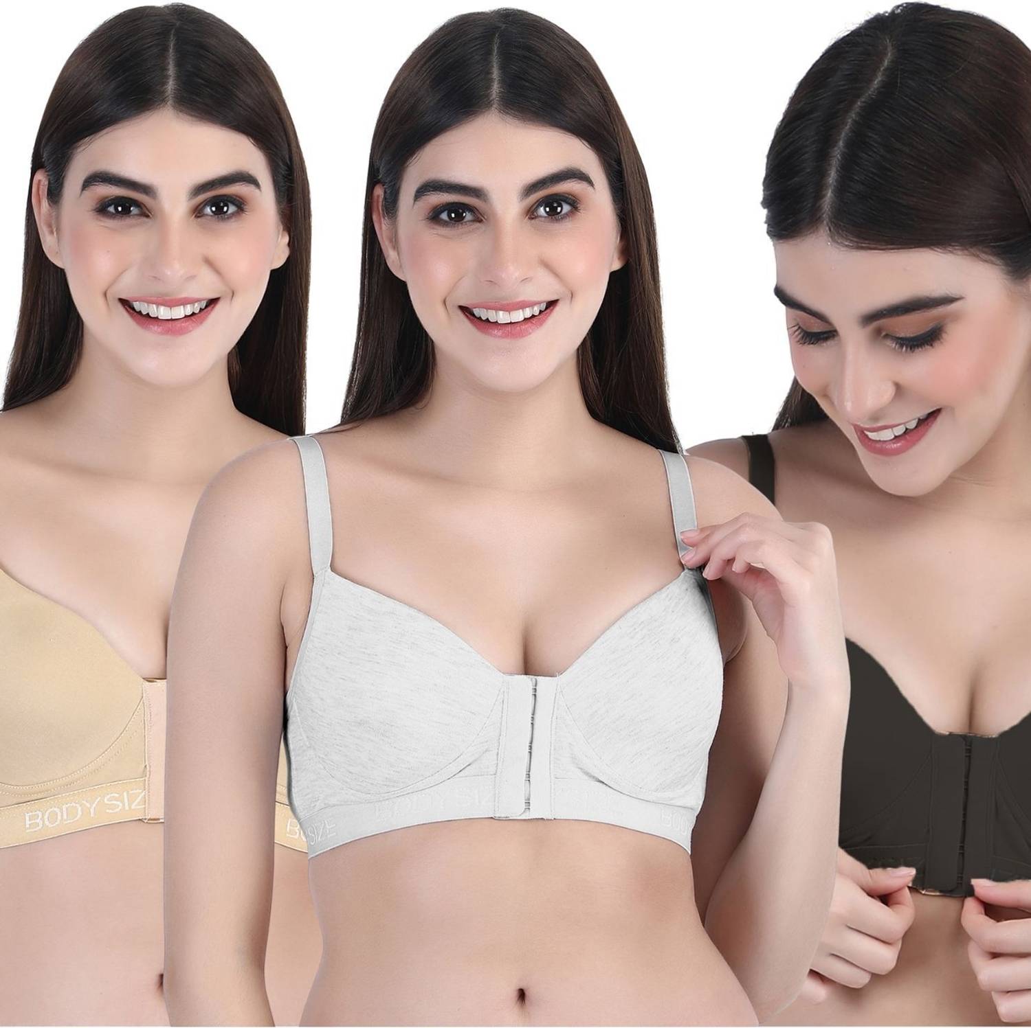 BODYSIZE Full Coverage Wire Free Front Opening Bra Women T-Shirt Lightly Padded Bra