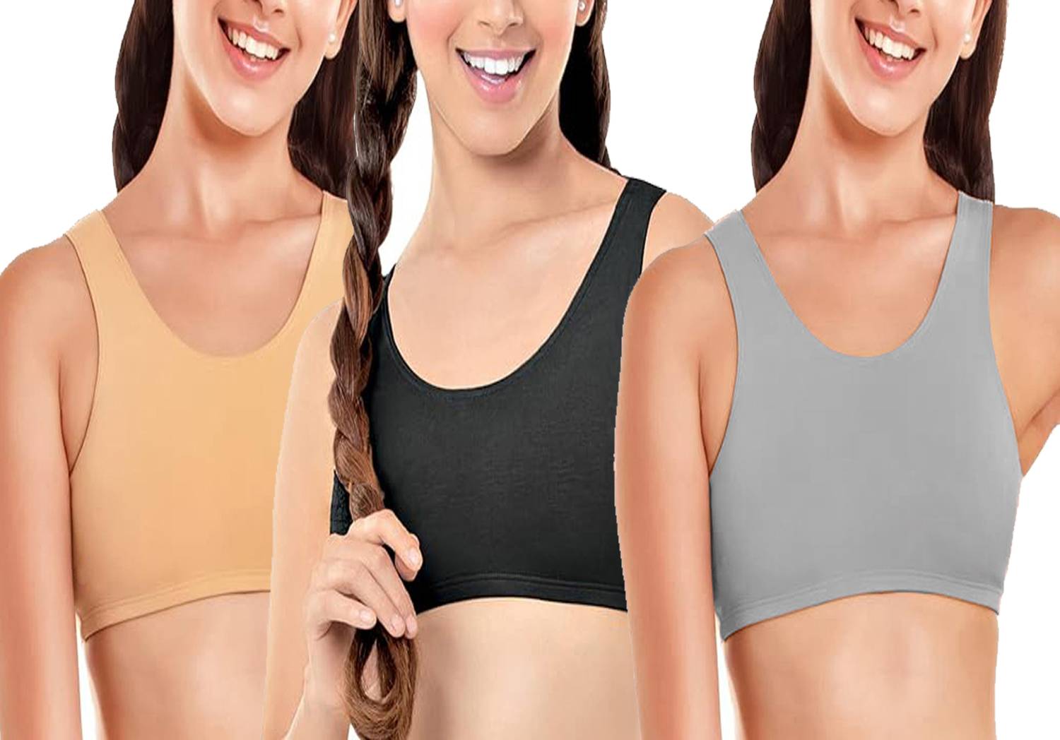 BRAASHEE PACK Of 3 Women's Girls cotton Blend mid coverage non padded bra Girls Sports Non Padded Bra