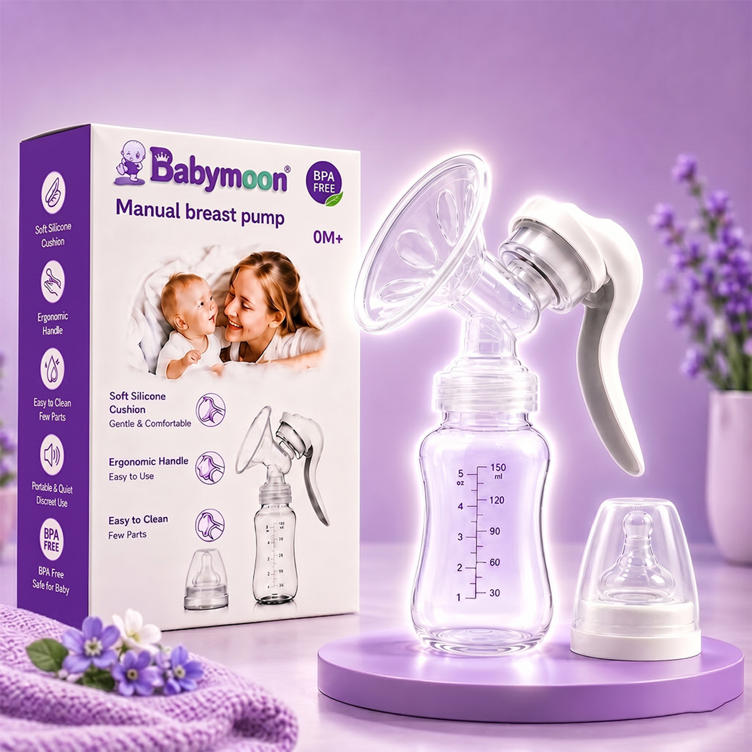 BABYMOON Breast Pump Silicone Hand Breast Pump Breastfeeding Food Grade BPA Portable Milk Collector Milk Storage Bottle  - Manual