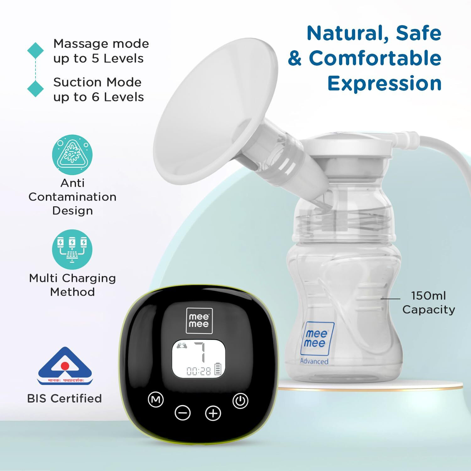 Image of MeeMee Advanced Digital Breast Pump with 3 Modes Massage Suction & Let-Down For Feeding - Electric