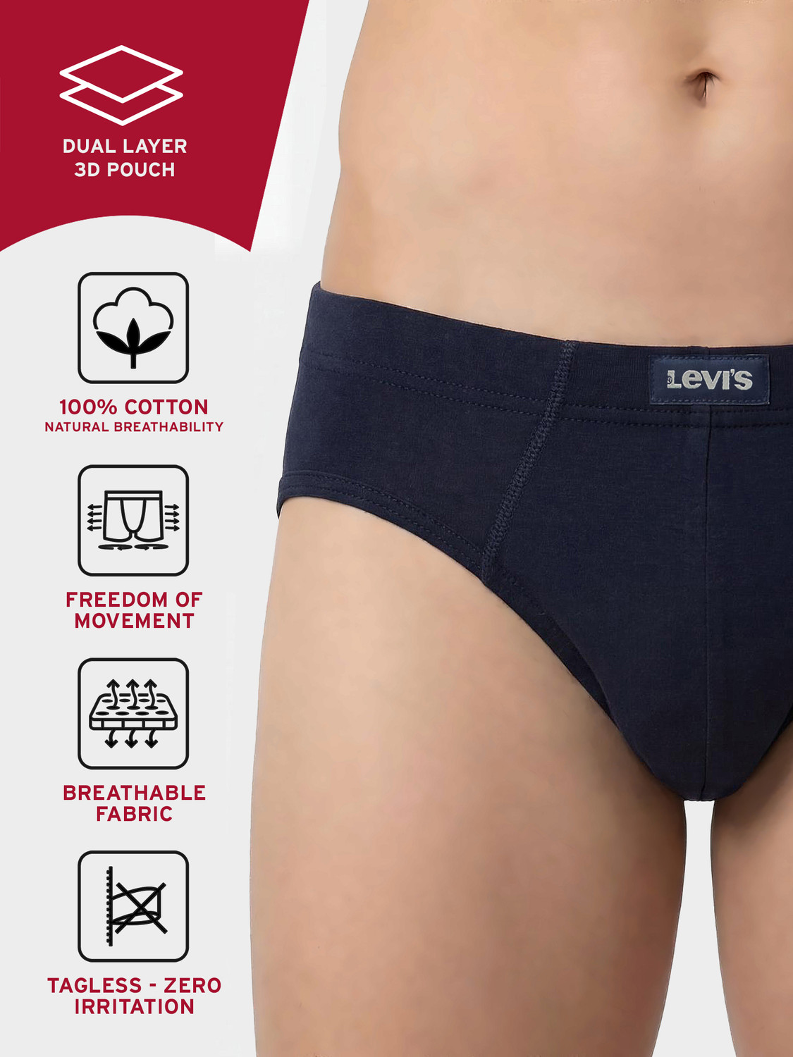 Image of LEVI'S Men 011 100% Cotton Solid Low-Rise Brief