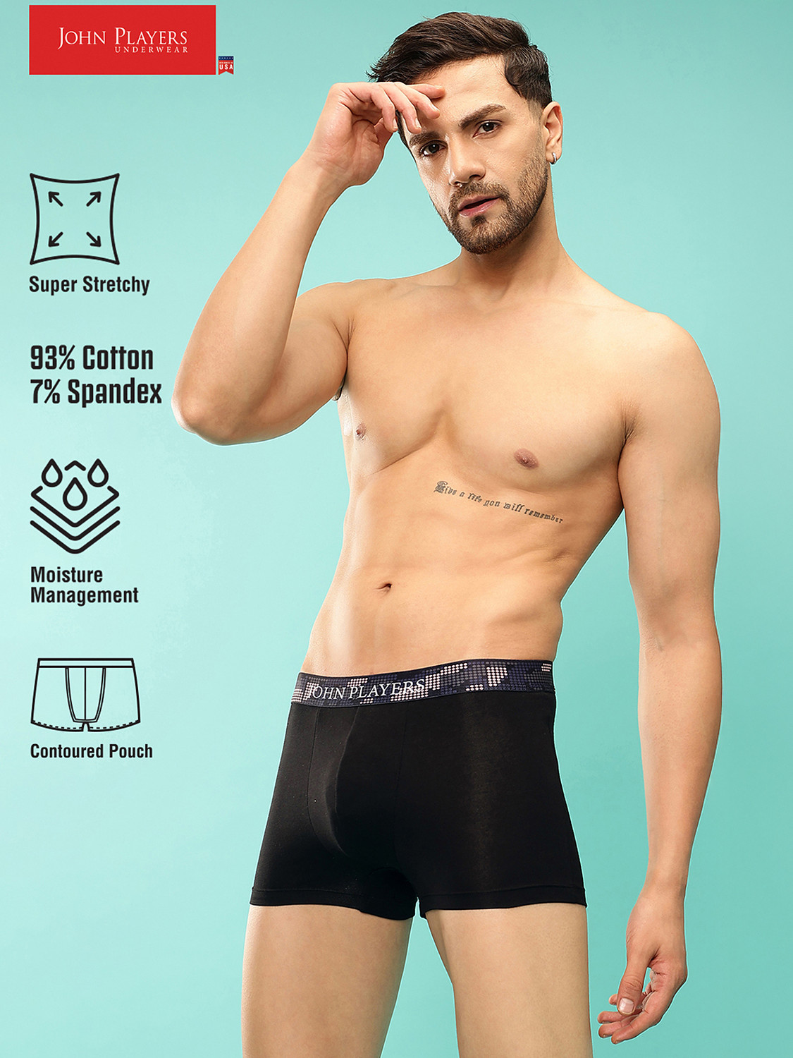 Image of John Players Men Contoured Crotch Cotton Fabric (Black) Brief