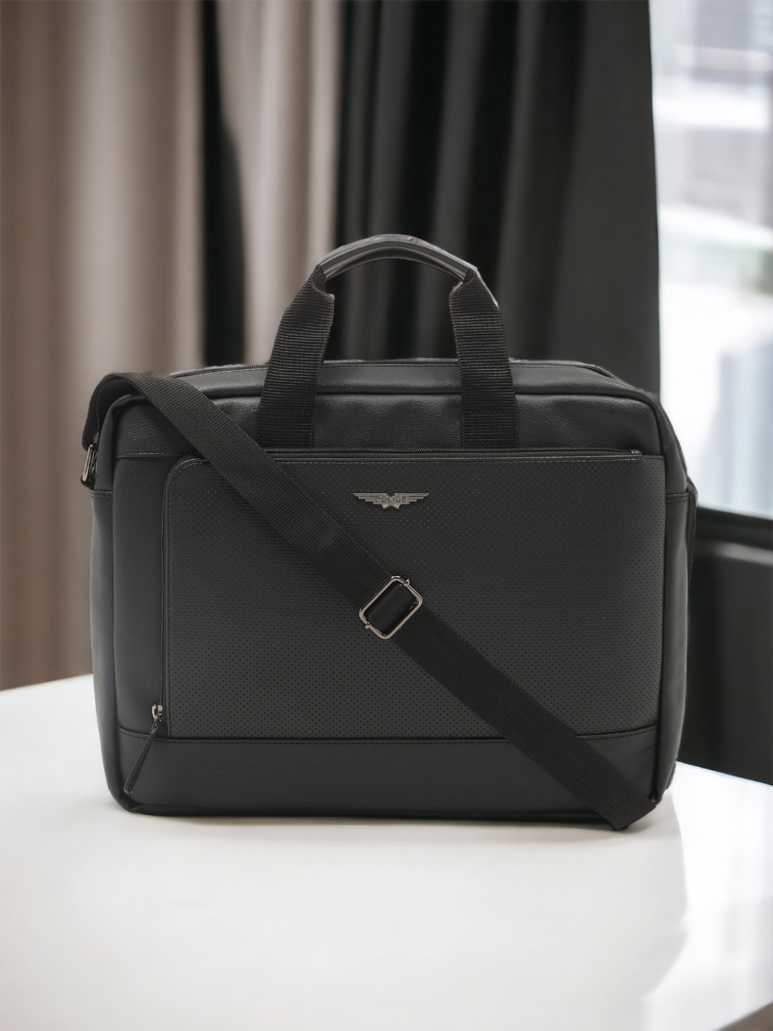 Image of Police Black Vegan Leather Tember 14 inch Laptop Briefcase Bag For Men|Laptop Compartment Medium Briefcase - For Men