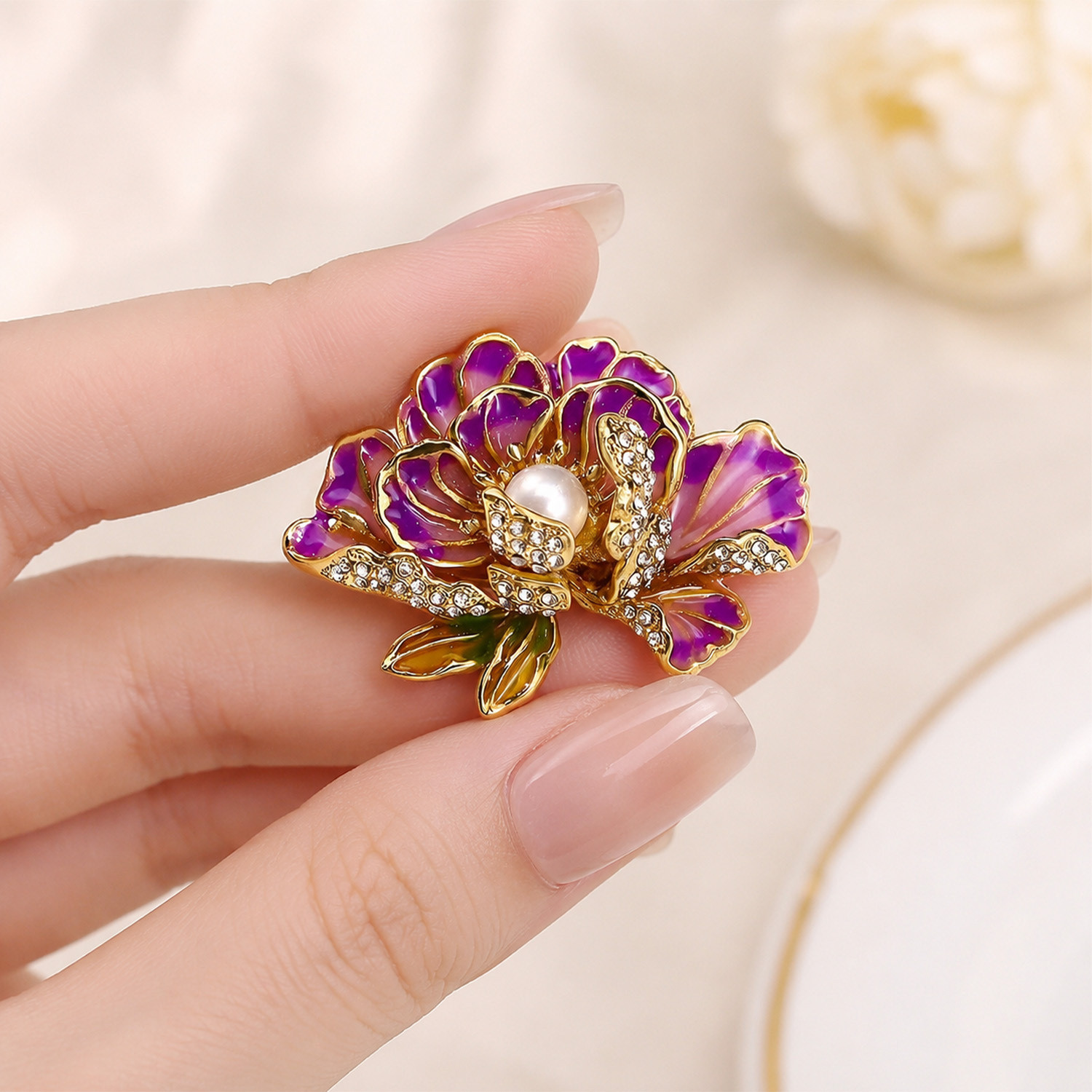 Image of SYGA Women Elegant Peony Flower Brooch - Alloy, with Pearl Accent Brooch