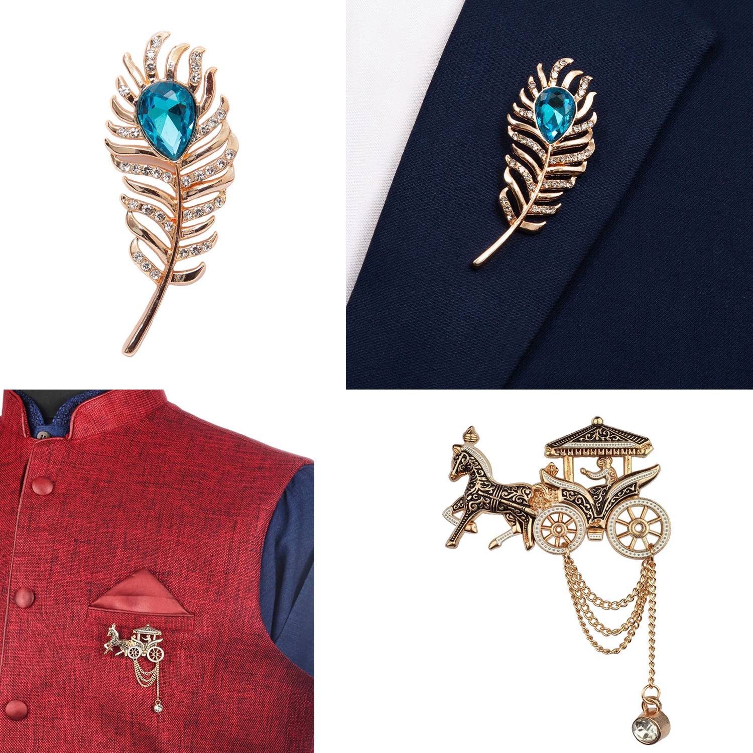 Aarohi Combo of Gold Crystal Feather Brooch & Horse Cart Metal Blazer Suit Brooch Brooch
