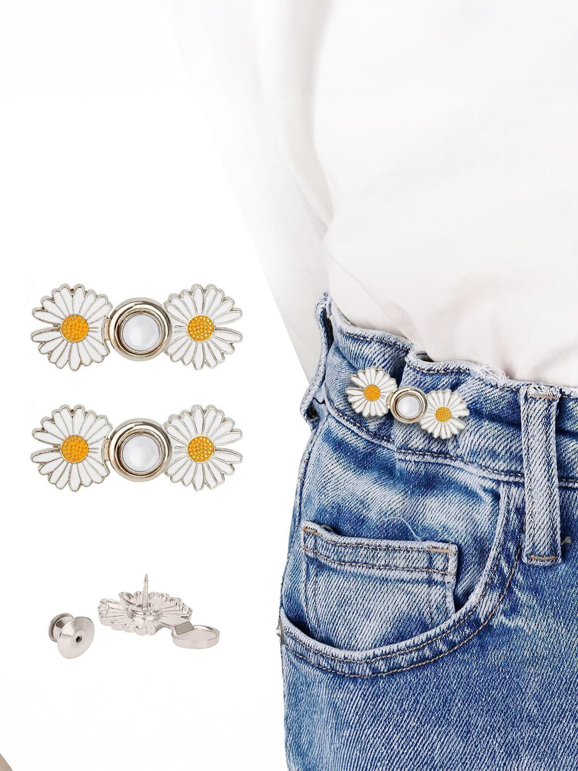 Image of CUZWAVE Adjustable Waist Buckle for Pants,Double flower waist pins Pack Of 2 Brooch