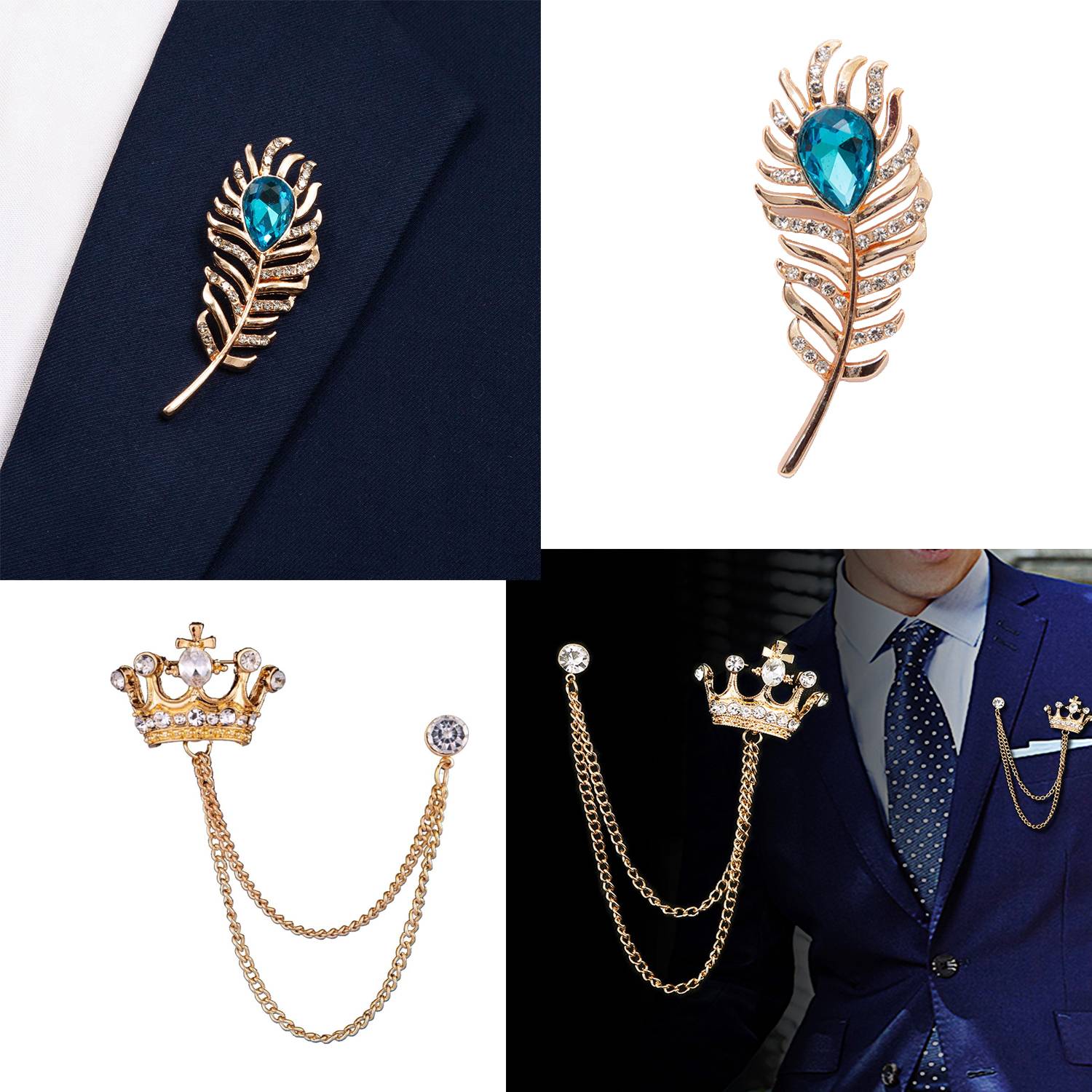 Aarohi Combo of Gold Plated Crystal Crown & Crystal Feather Brooch Pin for Men And Boys Brooch