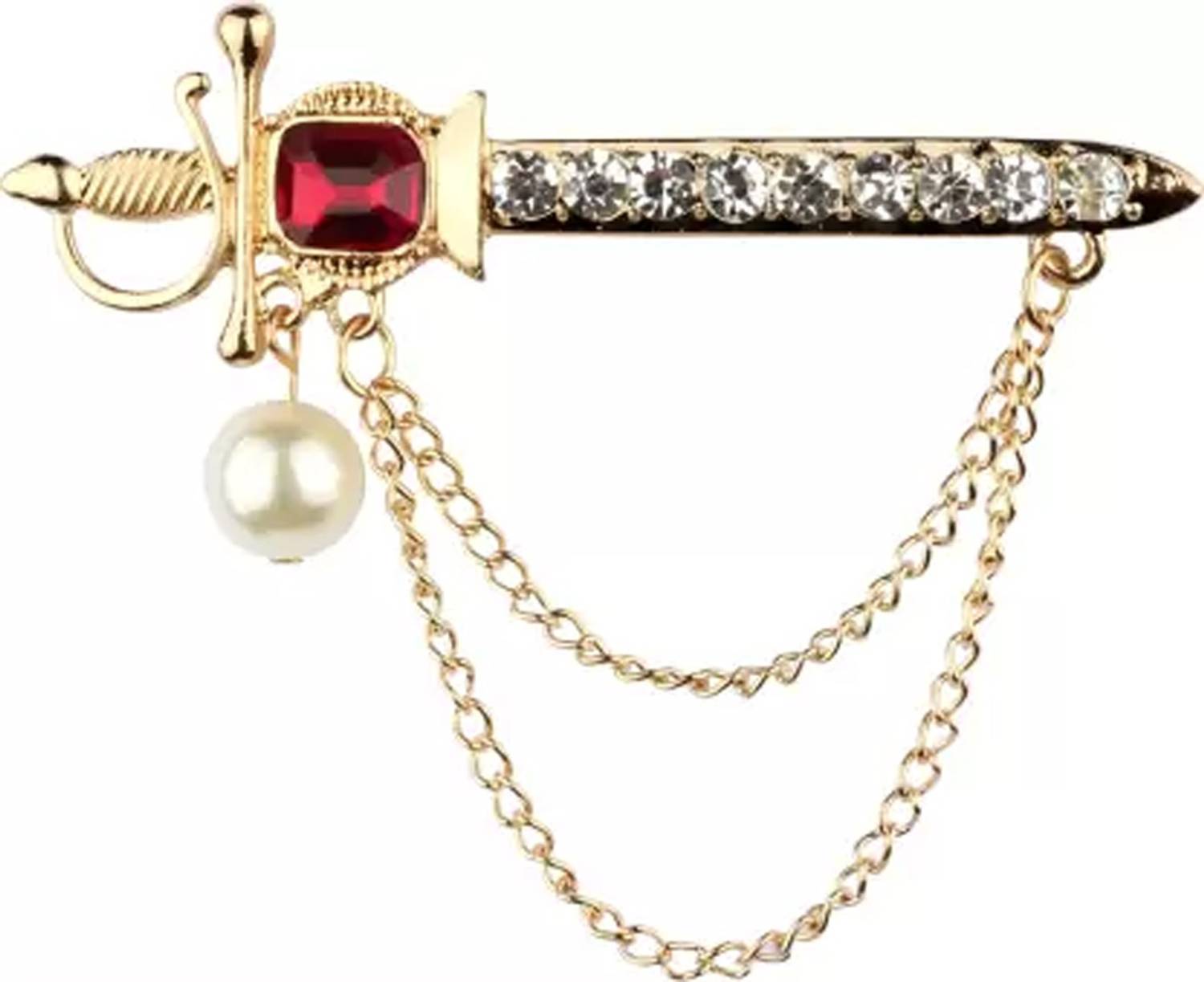 Aarohi Mens Gold Plated Red Pearl Sword Austrian Crystal Suit Blazer Brooch For Men Brooch
