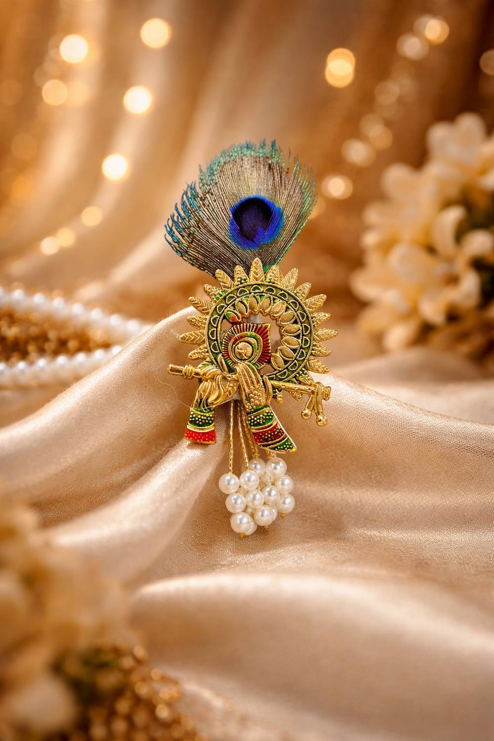 shreeladli Premium Metal Krishna Brooch with Mor Pankh & Pearl Latkan Brooch