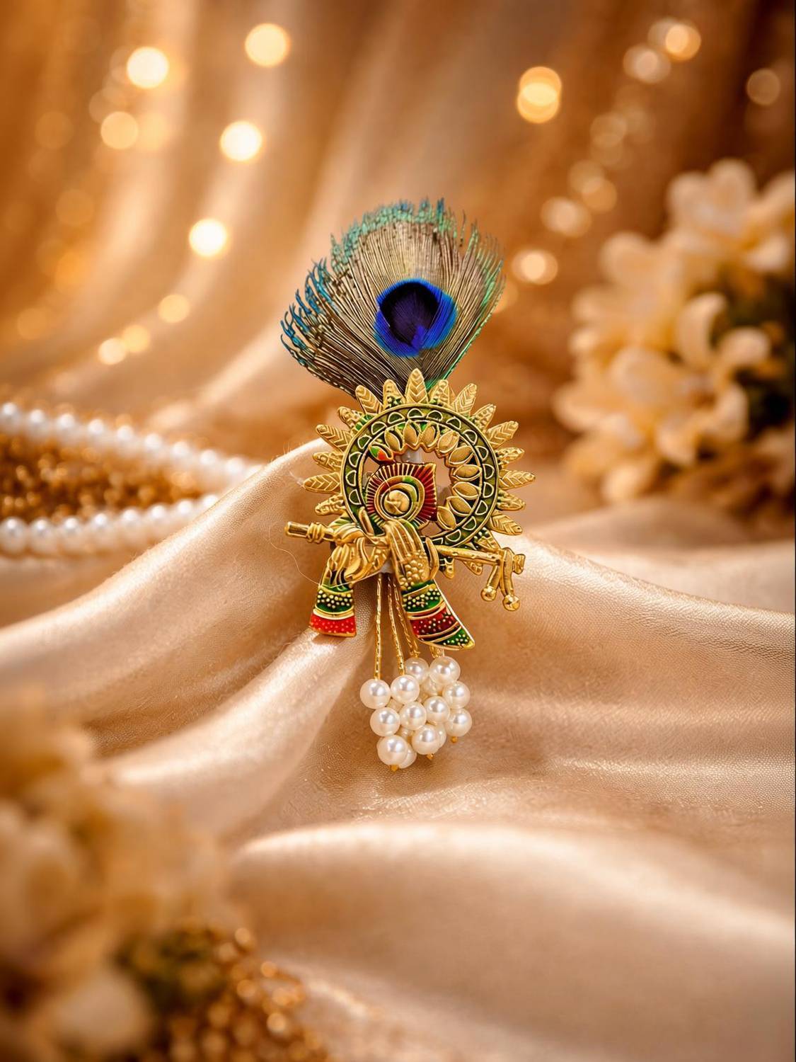 shreeladli Premium Metal Krishna Brooch with Mor Pankh & Pearl Latkan Brooch