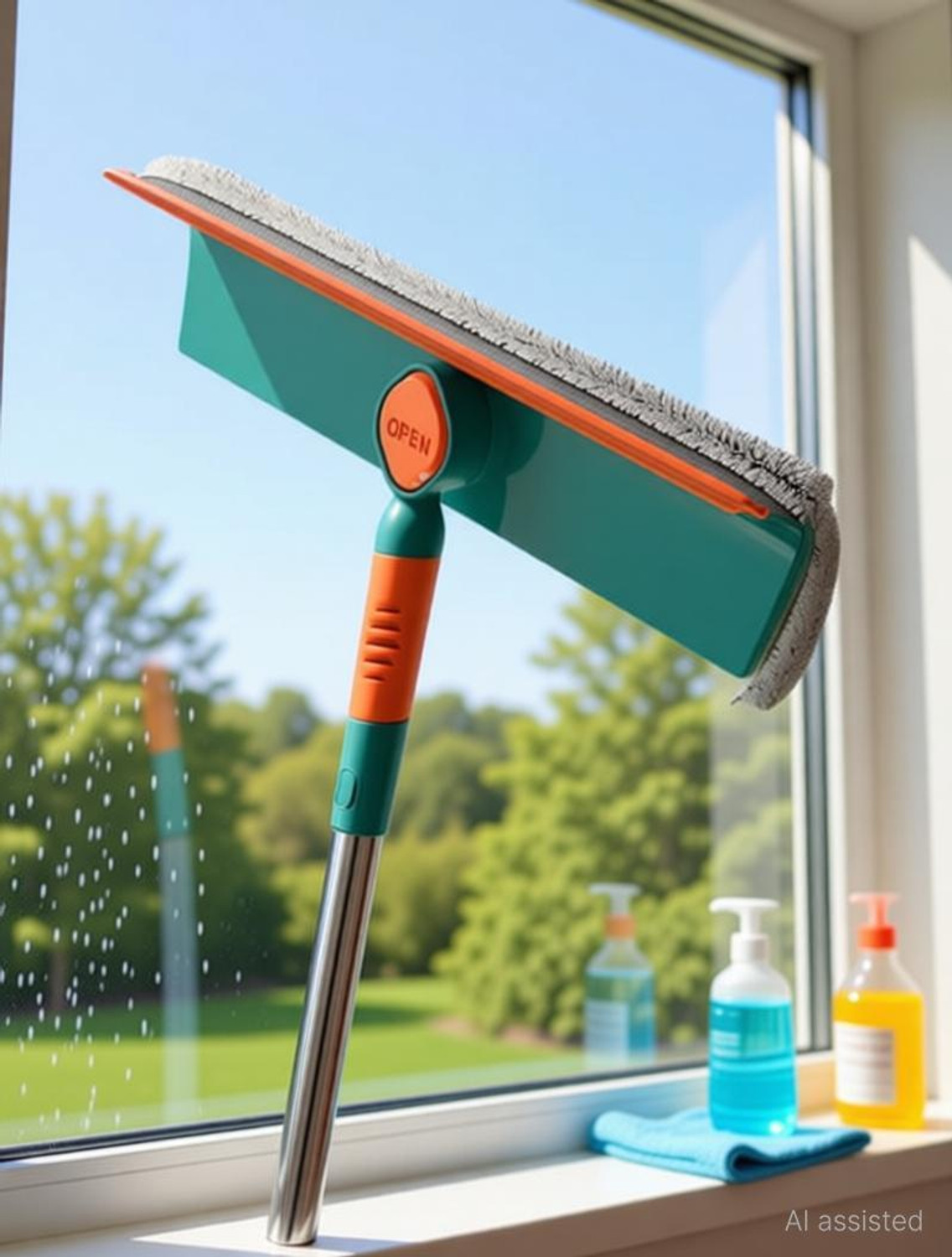 Image of QERINKLE Window Cleaner with Bendable Head for Indoor Outdoor High Windows Cleaning Microfibre Wet and Dry Brush (Green)