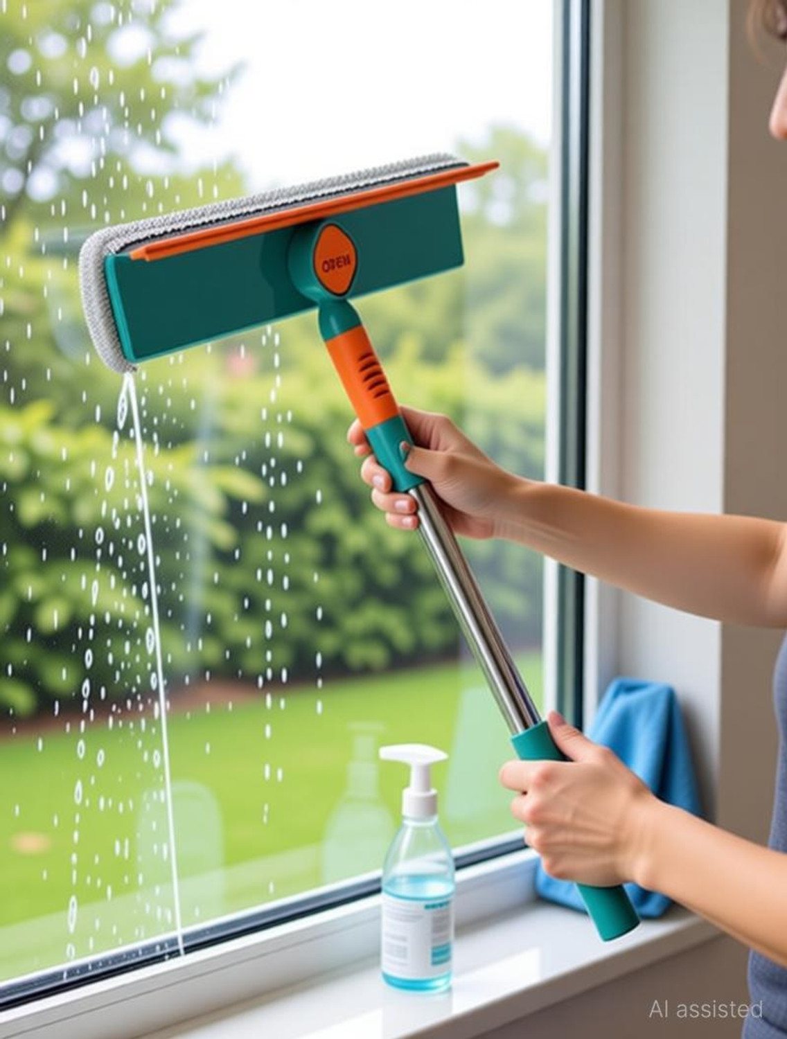 Image of QERINKLE Window Cleaner with Bendable Head for Indoor Outdoor High Windows Cleaning Microfibre Wet and Dry Brush (Green)