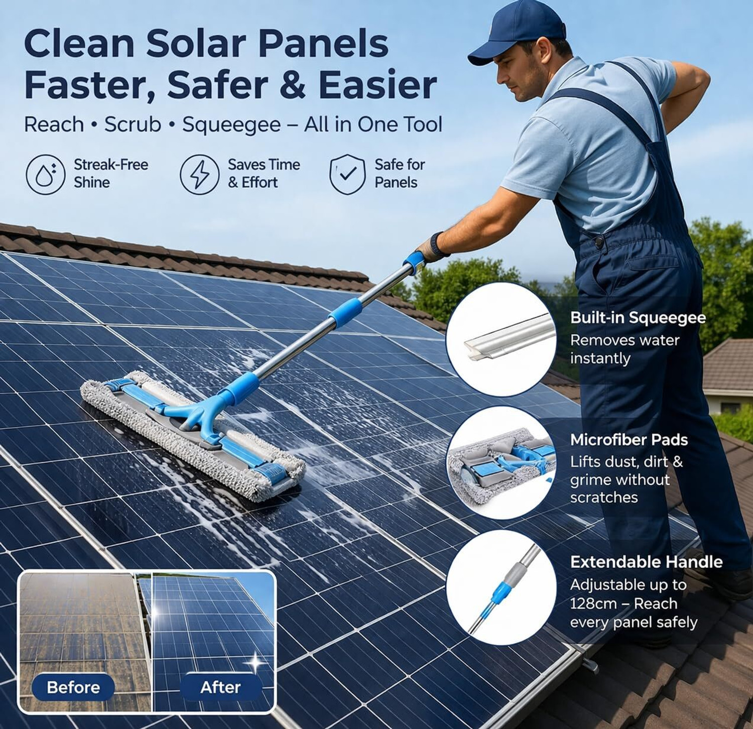 Image of SHREE SANT ENTERPRISE Solar Cleaning Brush Double-Sided Glass Cleaner with Adjustable Handle Plastic Wet and Dry Broom (Multicolor)
