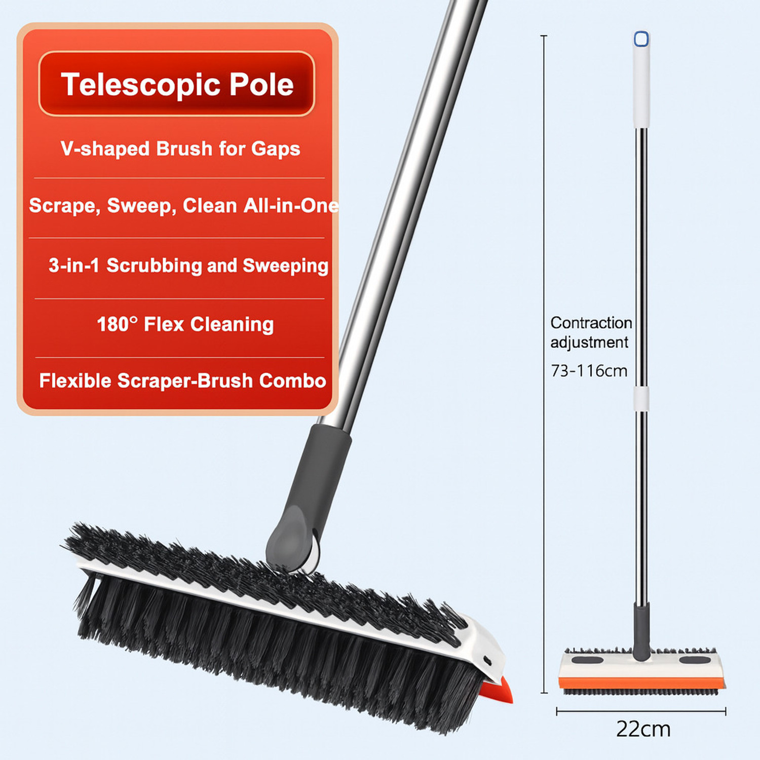 Image of ONEFLESH Bathroom Brush 3in1 with Wiper Long Handle 180 Rotate for Floor &Tile Clean(SG) Plastic, Silicone Wet and Dry Brush (Multicolor)