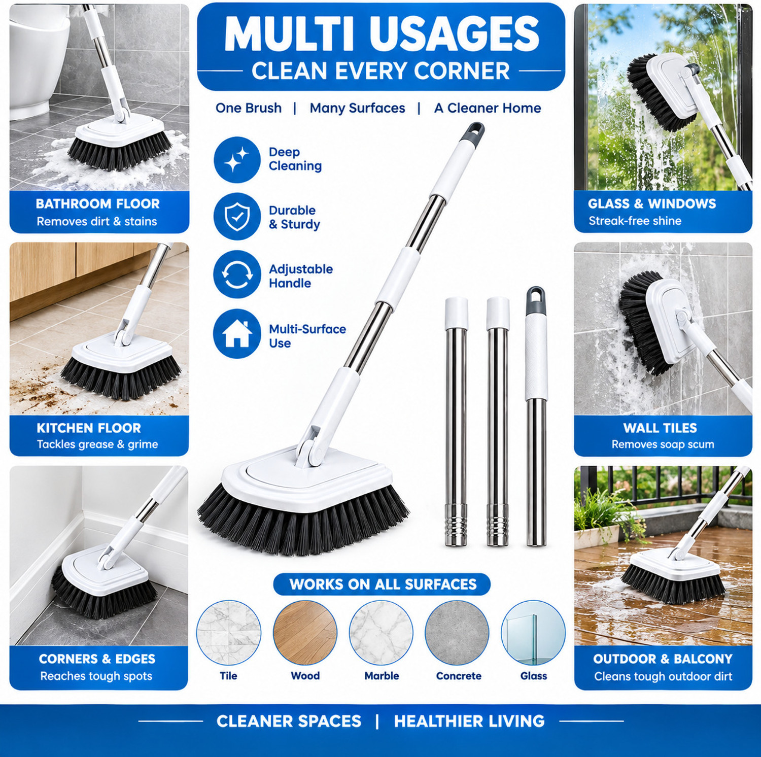 Image of JHWOQU 3 In 1 Bathroom Cleaning Brush Long Handle | Heavy Duty Floor Scrub Brush (White)