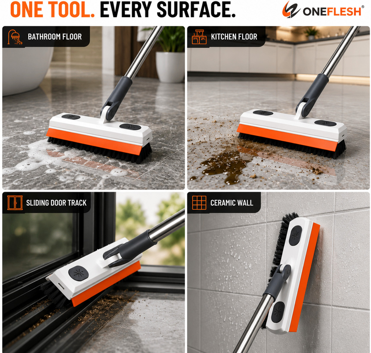 Image of ONEFLESH Bathroom Brush 3in1 with Wiper Long Handle 180 Rotate for Floor &Tile Clean(SG) Plastic, Silicone Wet and Dry Brush (Multicolor)