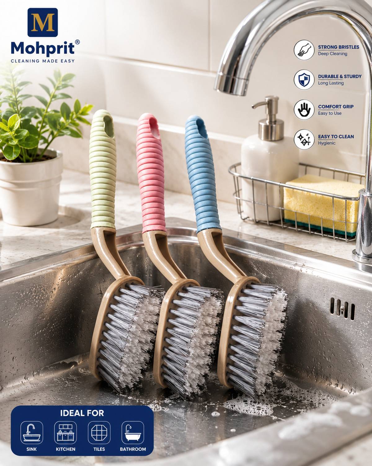 Mohprit Sink Cleaning Brush for Kitchen Sink, Bathroom, Tiles & Wash Basin Scrub Brush Plastic Wet and Dry Brush — Cleaning Tools