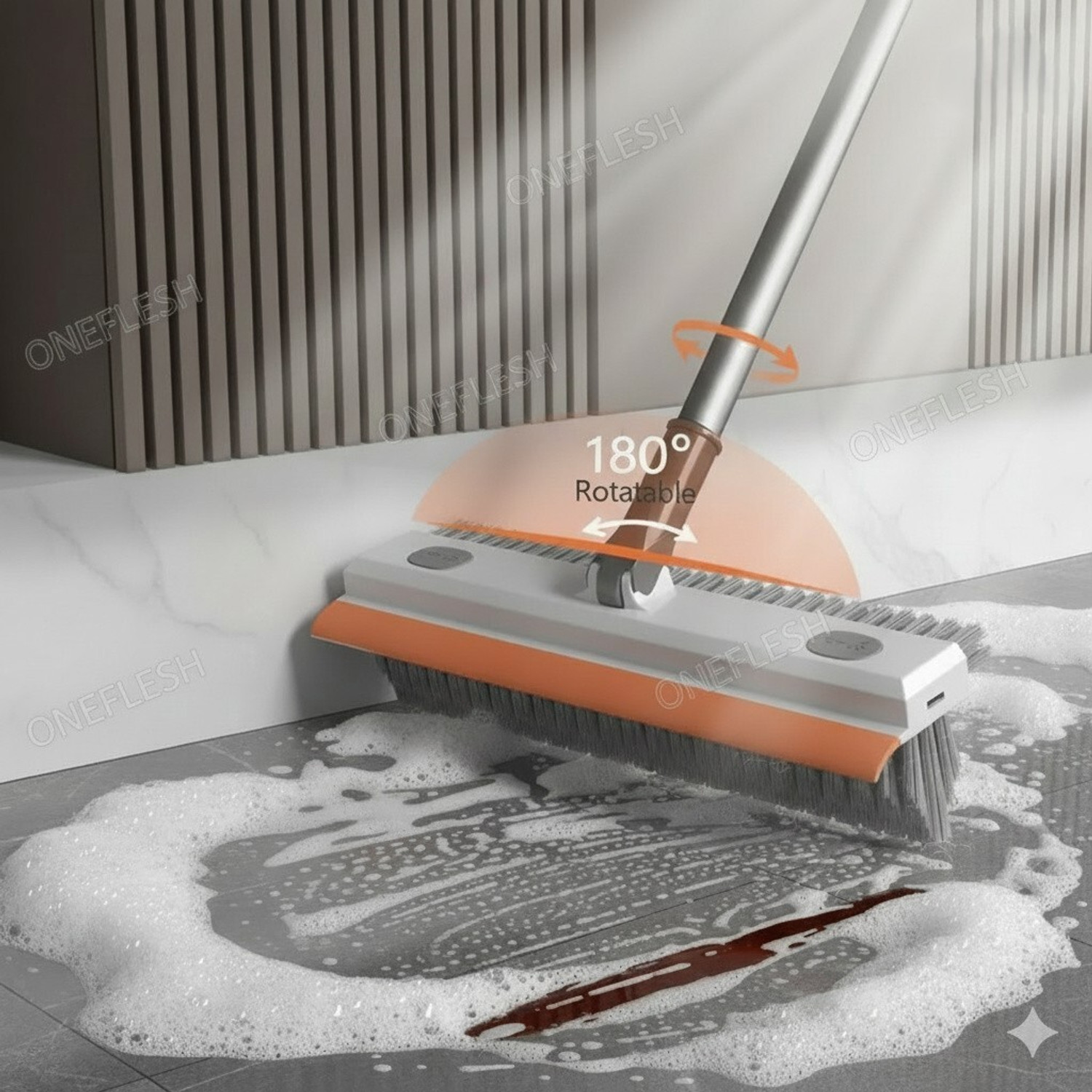 Image of ONEFLESH Bathroom Brush 3in1 with Wiper Long Handle 180 Rotate for Floor &Tile Clean(SG) Plastic, Silicone Wet and Dry Brush (Multicolor)