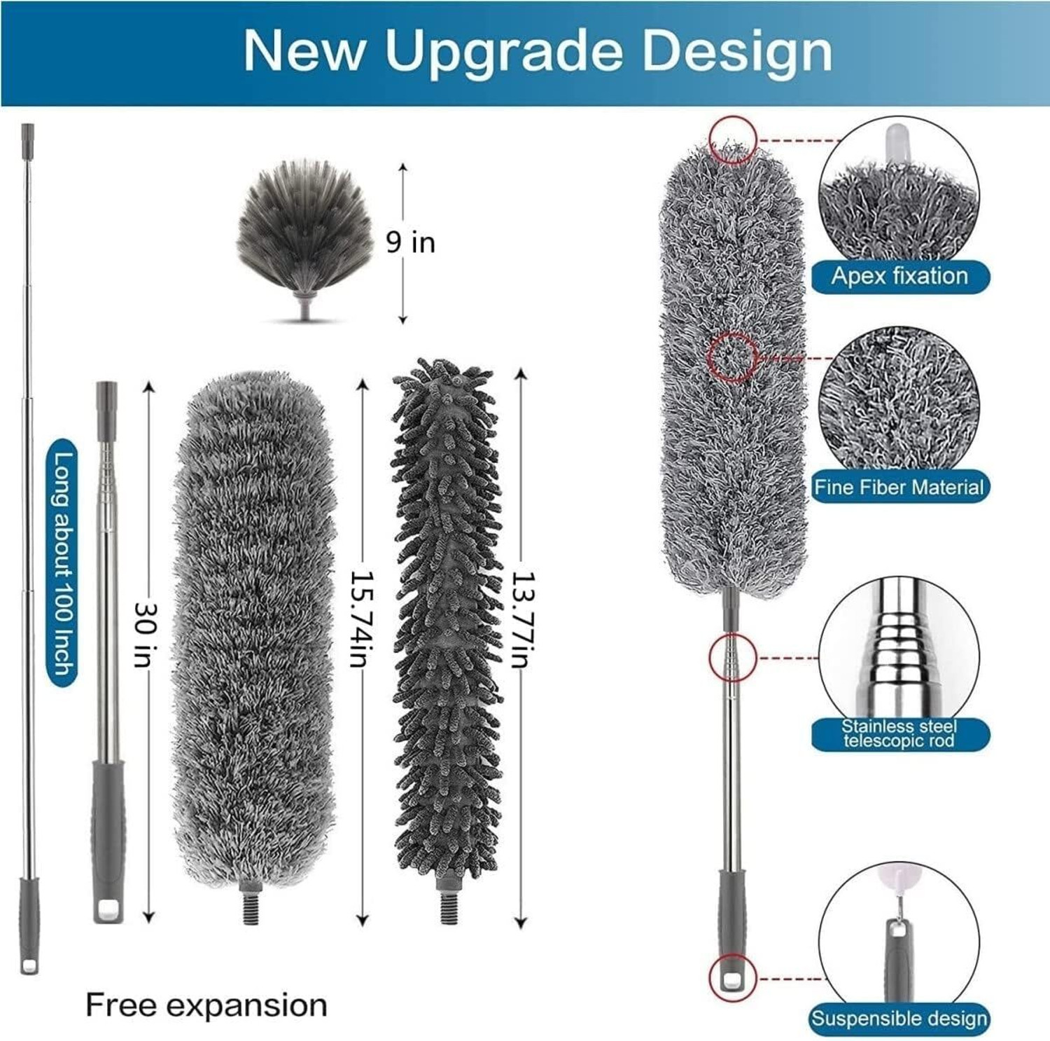 Image of GOLDENEYEHOUSE 3 In 1 Microfiber Feather Duster, 100 Inch Pole for Fans, Ceilings, Blinds Wet and Dry Duster Set
