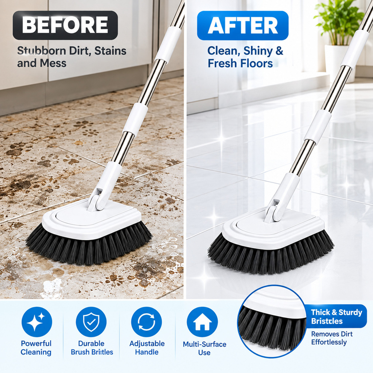 Image of JHWOQU 3 In 1 Bathroom Cleaning Brush Long Handle | Heavy Duty Floor Scrub Brush (White)