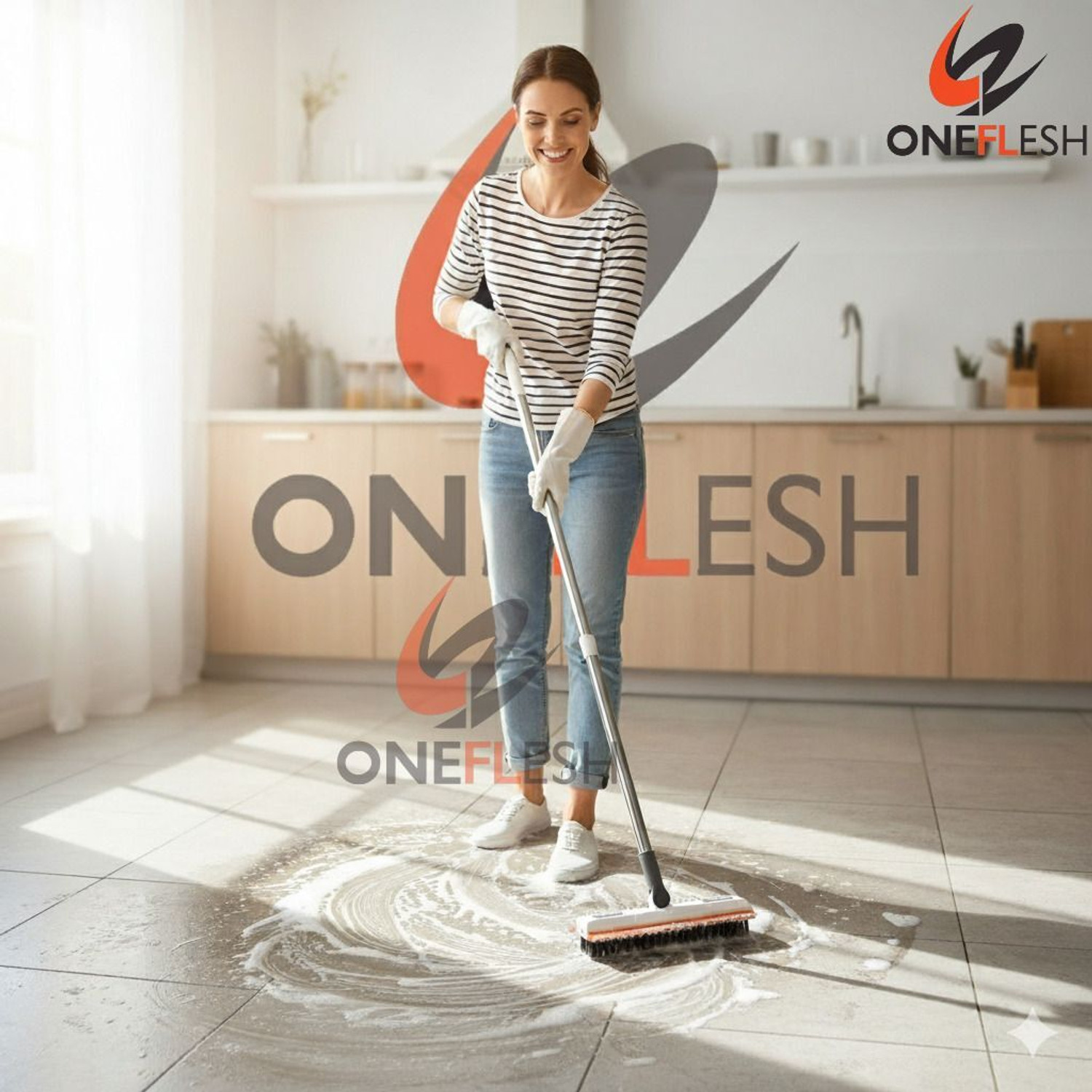 Image of ONEFLESH Bathroom Brush 3in1 with Wiper Long Handle 180 Rotate for Floor &Tile Clean(SG) Plastic, Silicone Wet and Dry Brush (Multicolor)