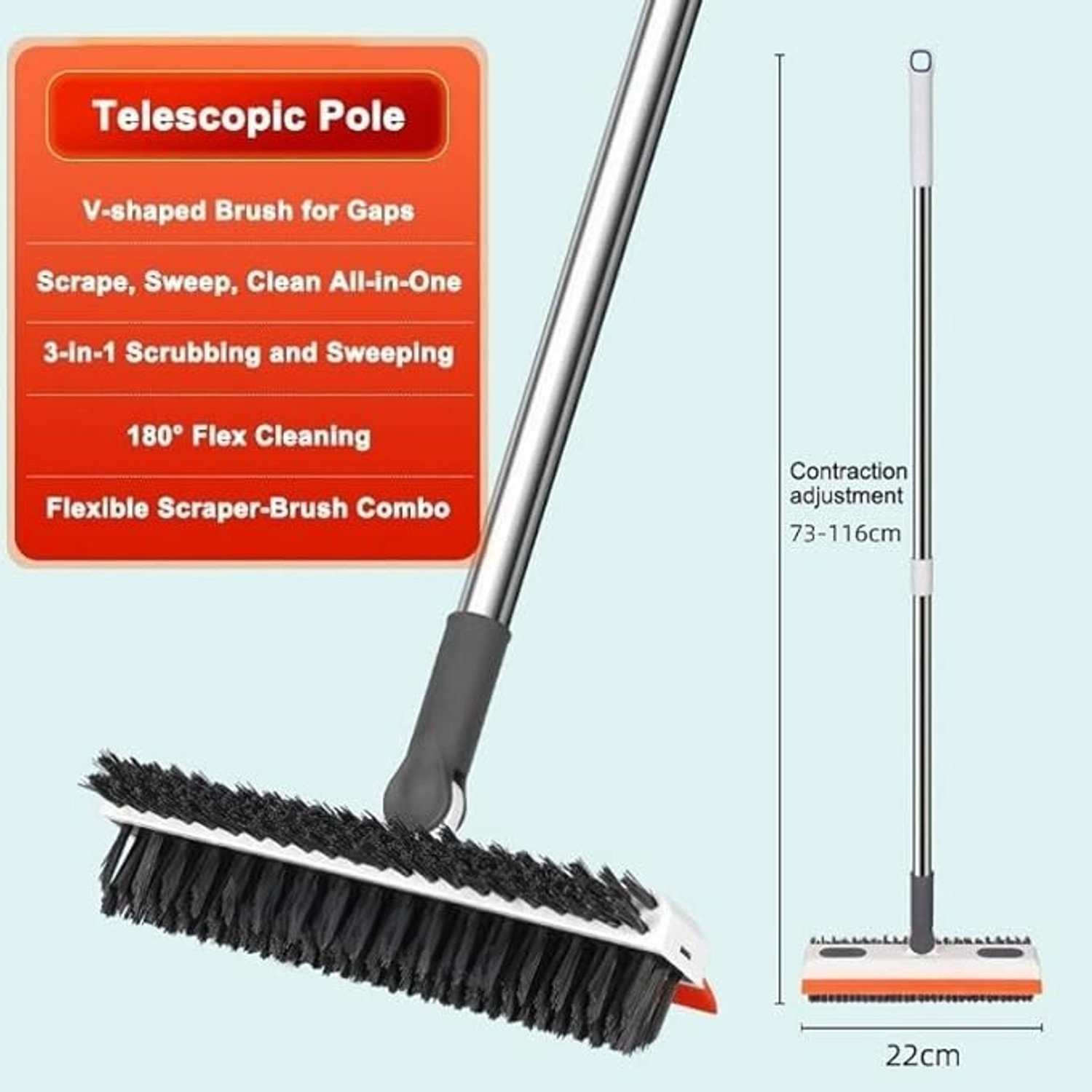 Image of ONEFLESH Bathroom Cleaning Brush 3-in-1 Long Handle Floor Wiper 180 Rotate HeavyDuty(AA) Plastic, Silicone Wet and Dry Brush