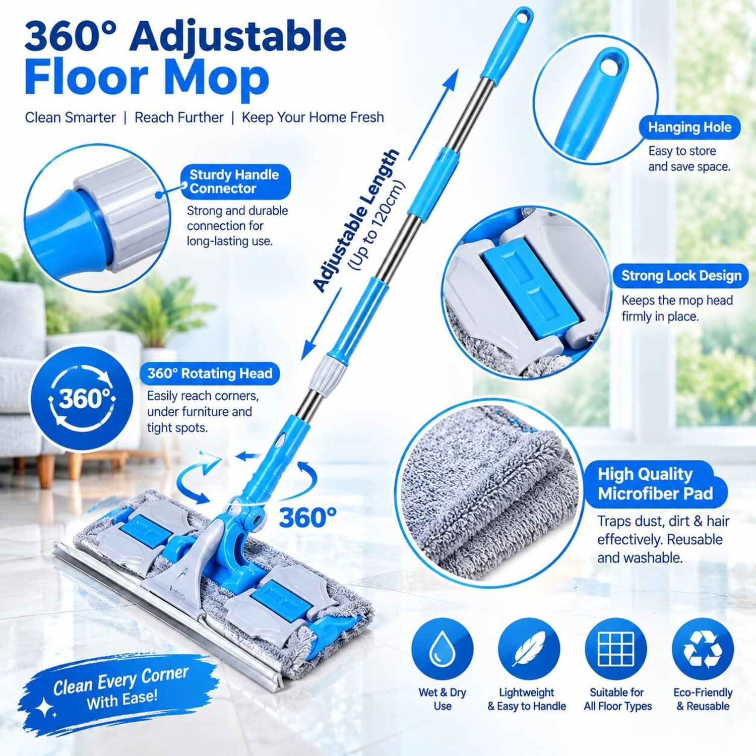 Image of SHREE SANT ENTERPRISE Solar Cleaning Brush Double-Sided Glass Cleaner with Adjustable Handle Plastic Wet and Dry Broom (Multicolor)