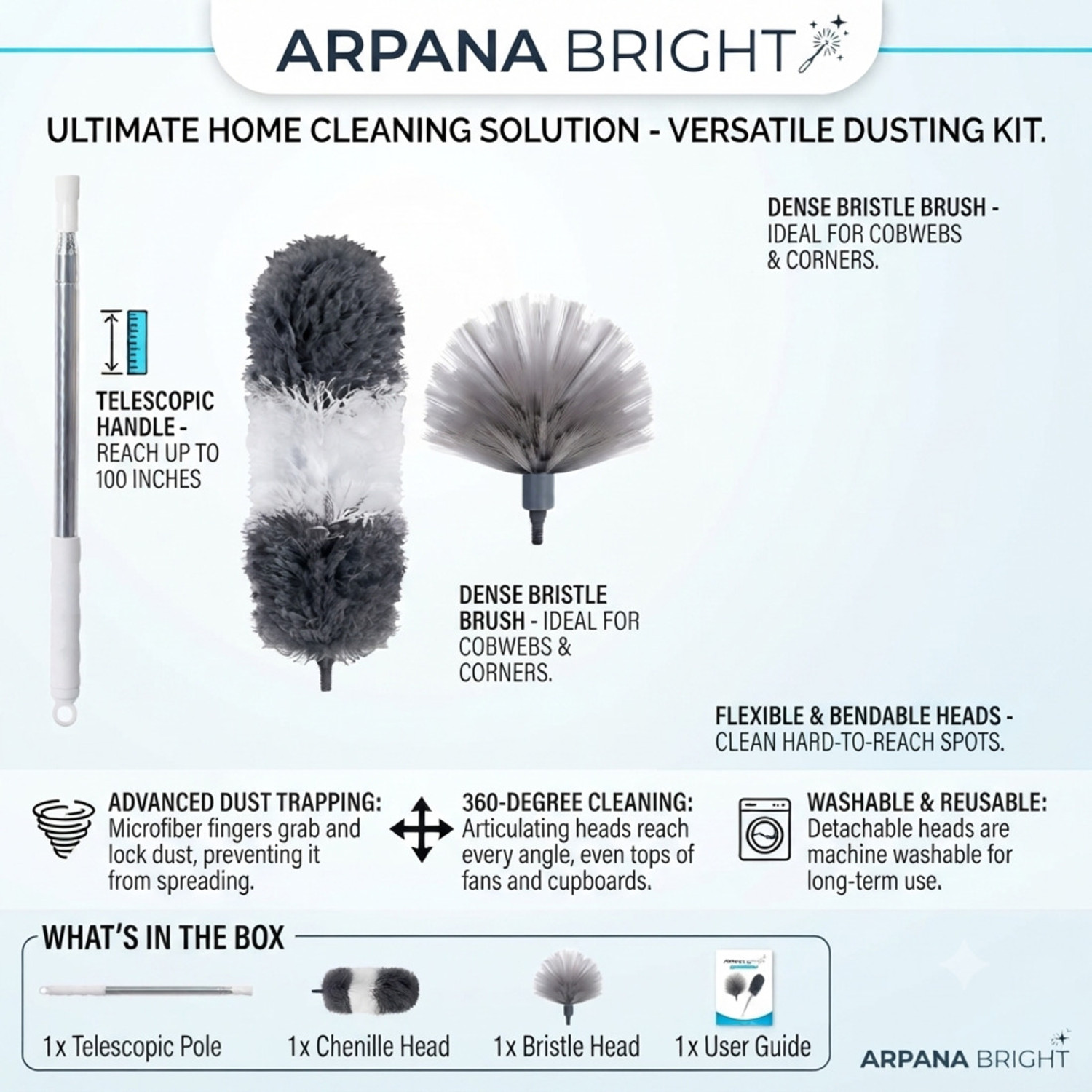 Image of ARPANA BRIGHT 2 in 1 Multi-Purpose Cleaning Foldable Microfiber Cleaning Duster Broom Brush Microfibre Wet and Dry Brush (Grey)