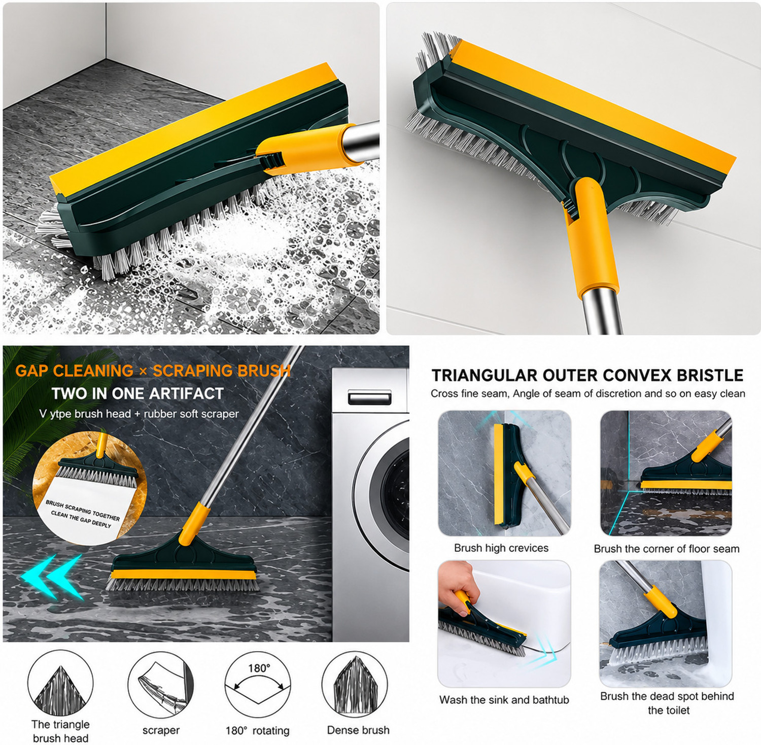 Image of AABRION 3 in 1 | 120 Degree Rotating Floor Scrub Brush With Long Handle And Squeegee Polypropylene Wet and Dry Brush