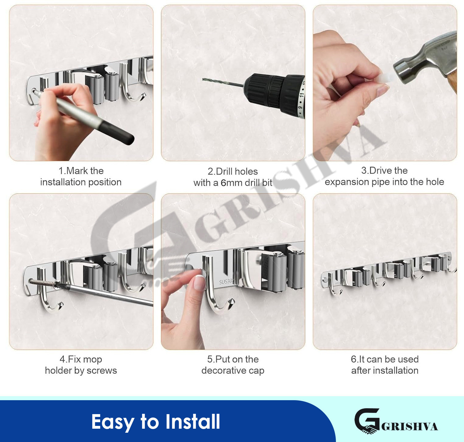 Image of GRISHVA Silver Stainless Steel Broom Holder