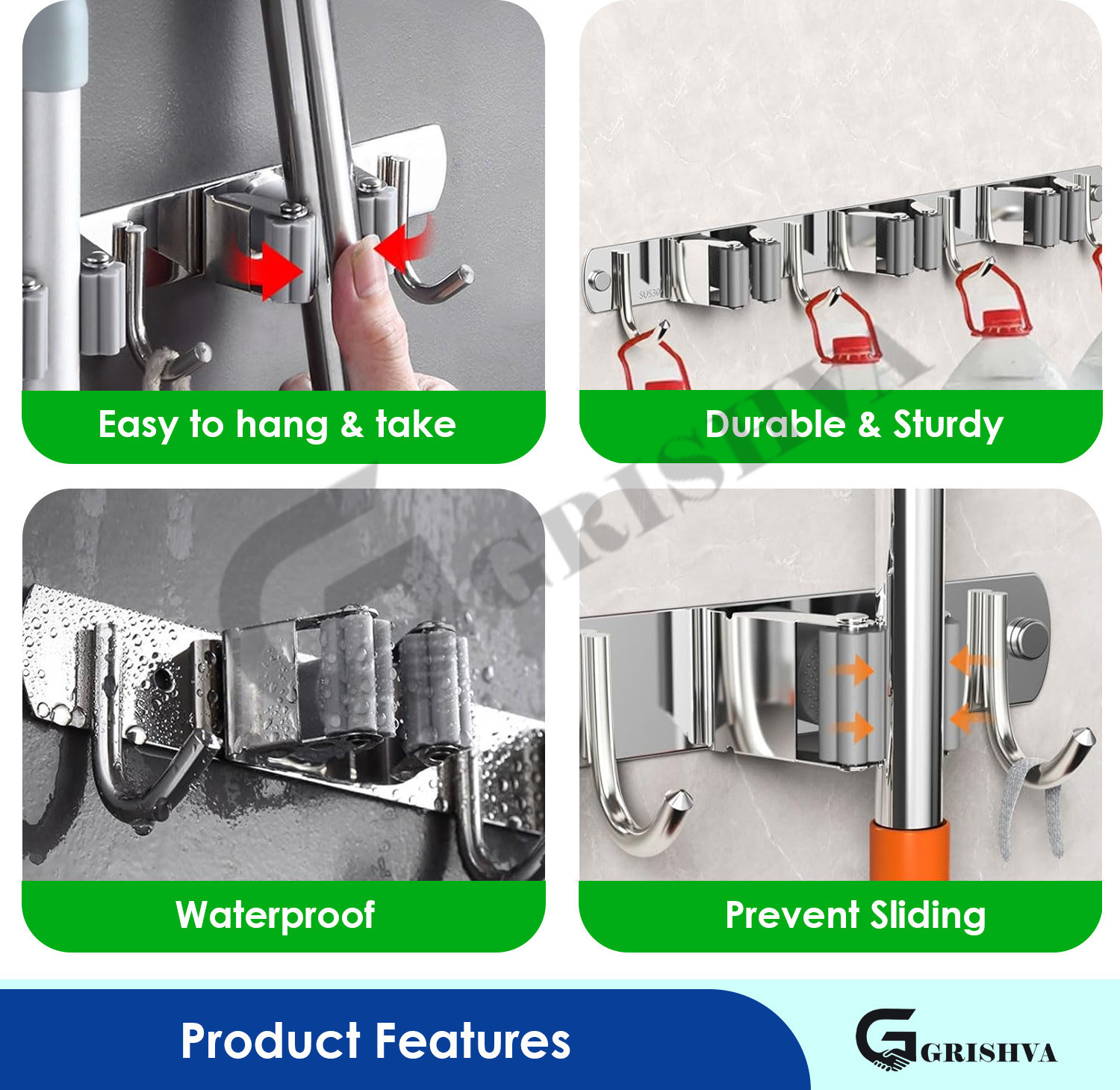 Image of GRISHVA Silver Stainless Steel Broom Holder