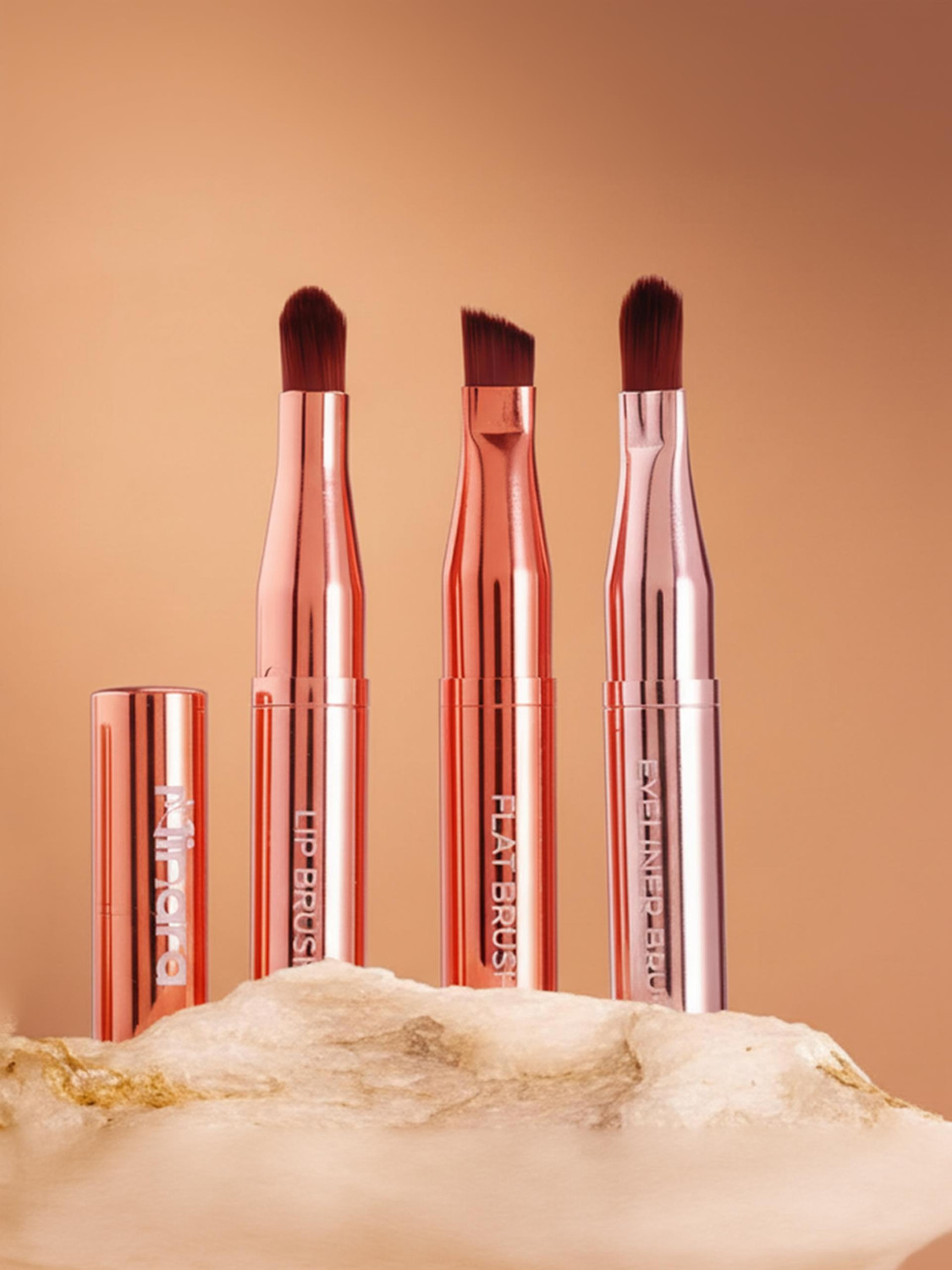 Image of MINARA 3 in 1 Stackable Makeup Brush Set-Eyeliner, Lip & Flat Brush (Rose Gold)