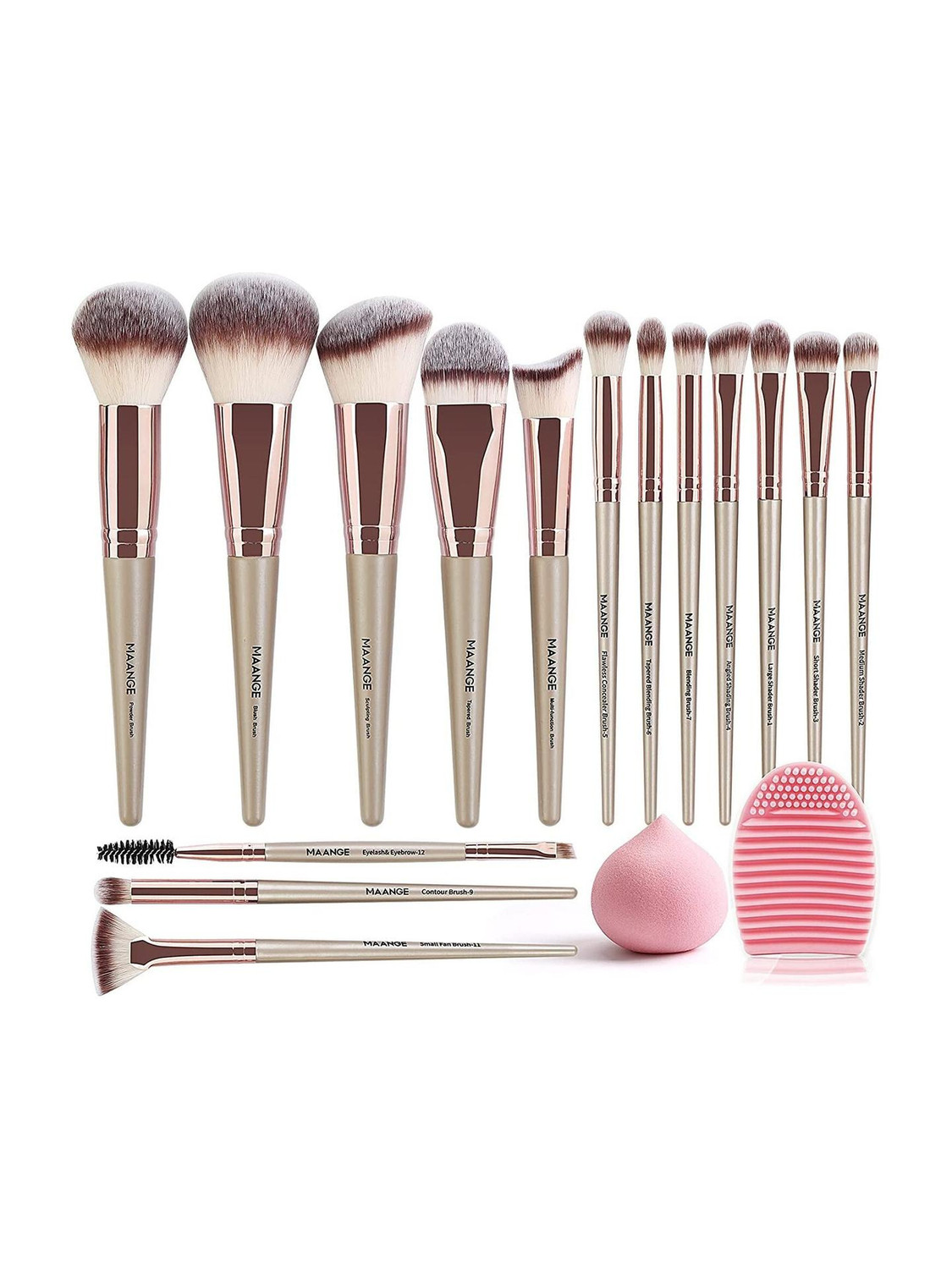 Maange Makeup Brushes 15 Pcs With 1 Makeup Sponge & 1 Brush Cleaner (Champagne)
