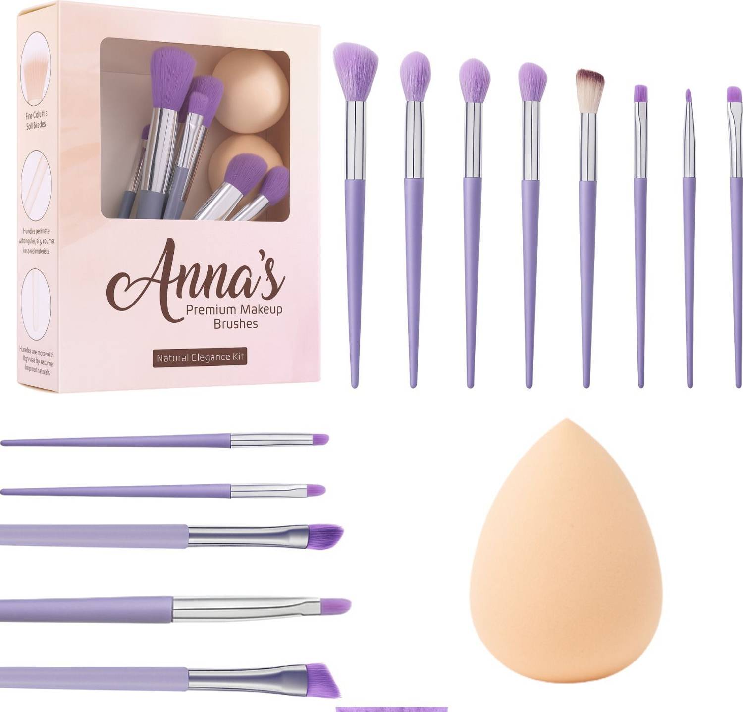ANNA 13-Piece Professional Makeup Brush Set with Beauty Sponge for Face & Eye Makeup