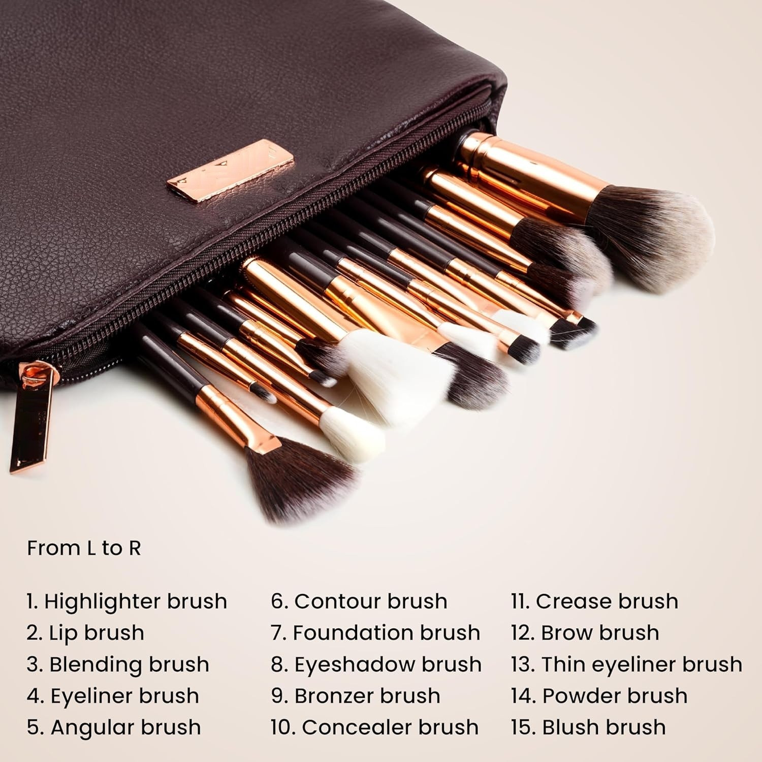 Image of FLENGO; MADE FOR YOU Makeup Brush Applicator Set of 15 with Premium Leather Pouch (Pack of 15)
